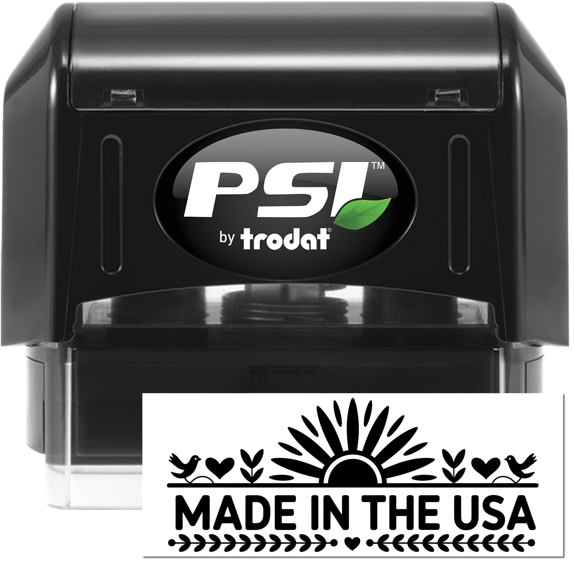 Black PSI by Trodat self-inking stamp with green leaf logo and Made in the USA seal.