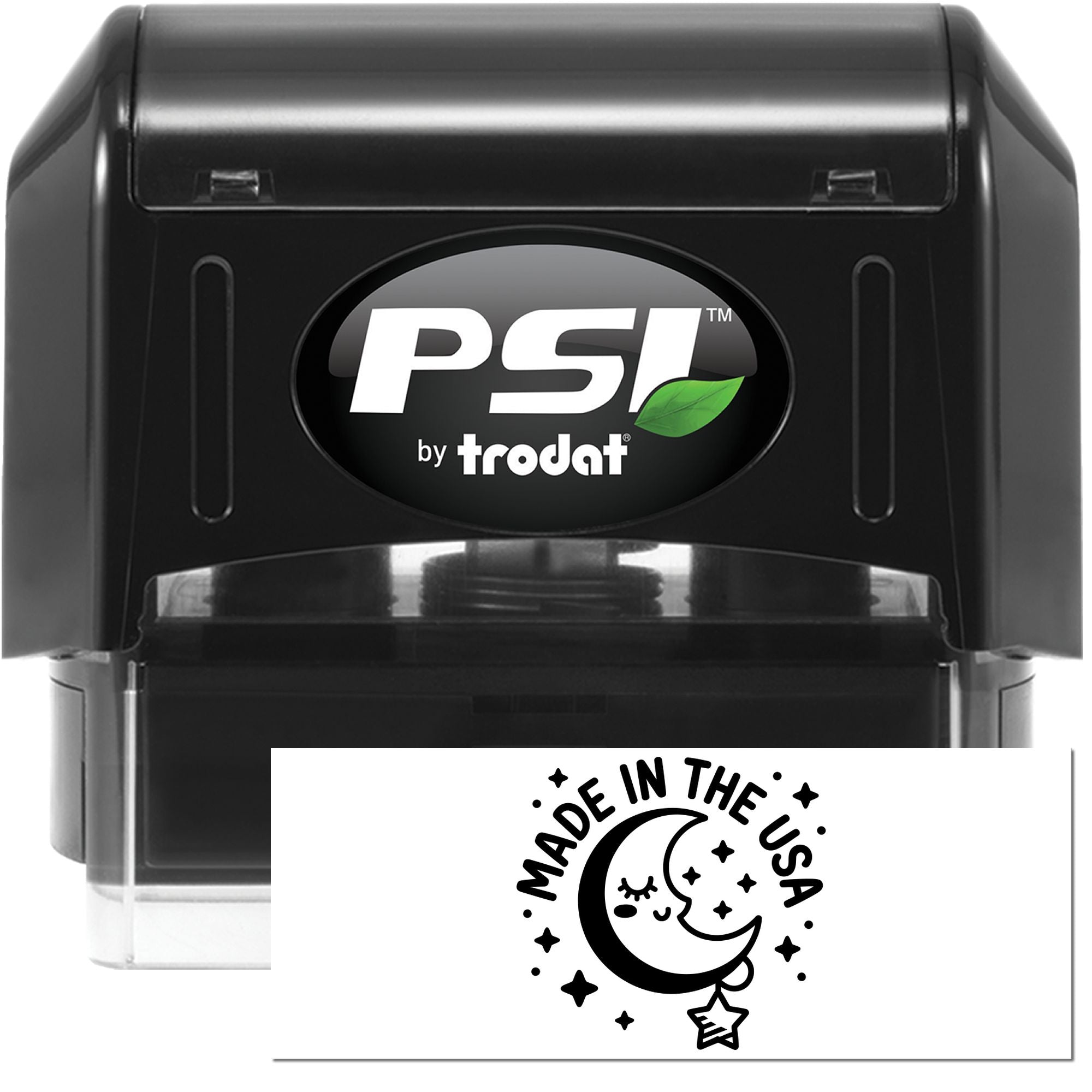Black PSI by Trodat self-inking stamp and Made in the USA seal with moon, stars, and white card.