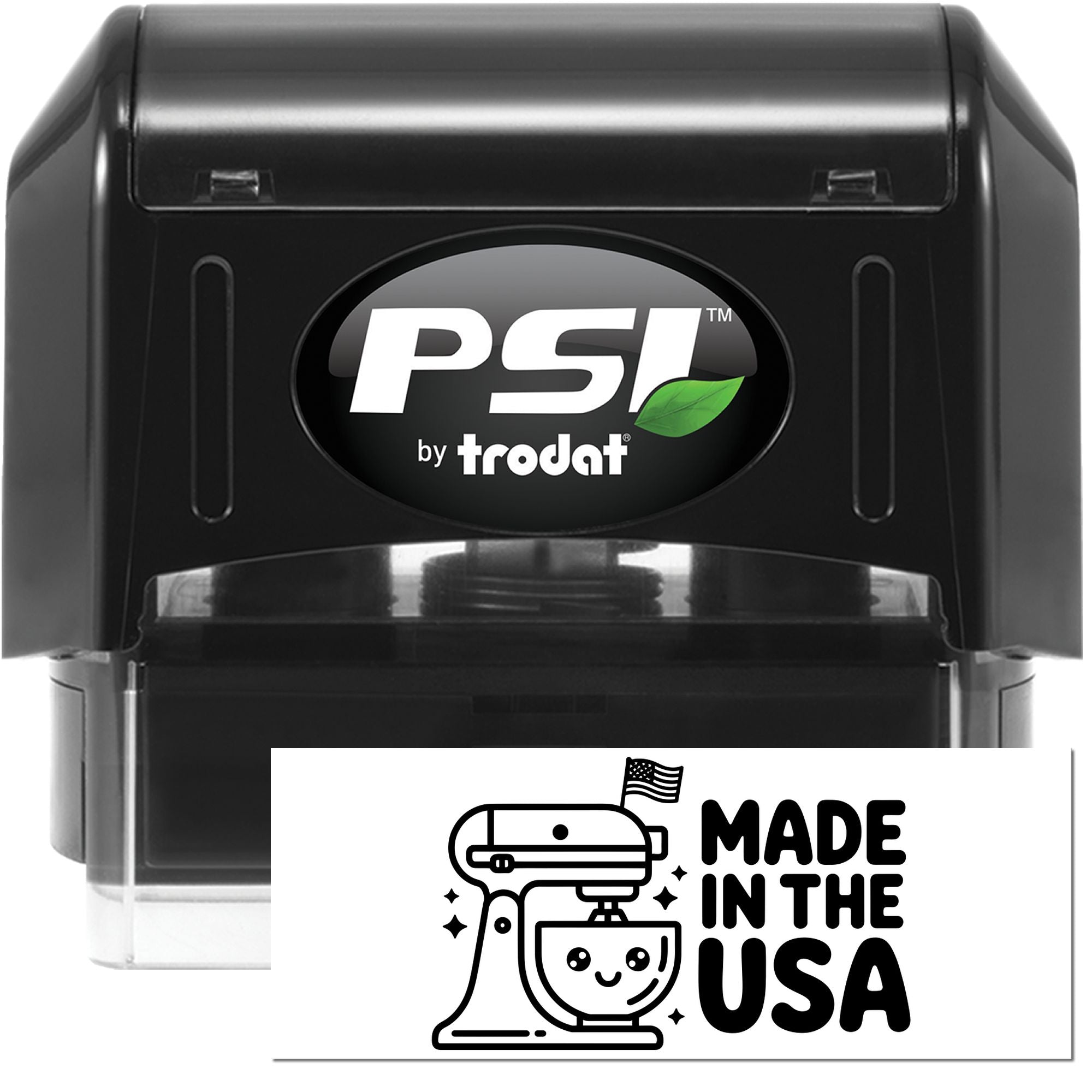 Black PSI by Trodat self-inking stamp and seal in black, with green leaf logo and Made in USA label.