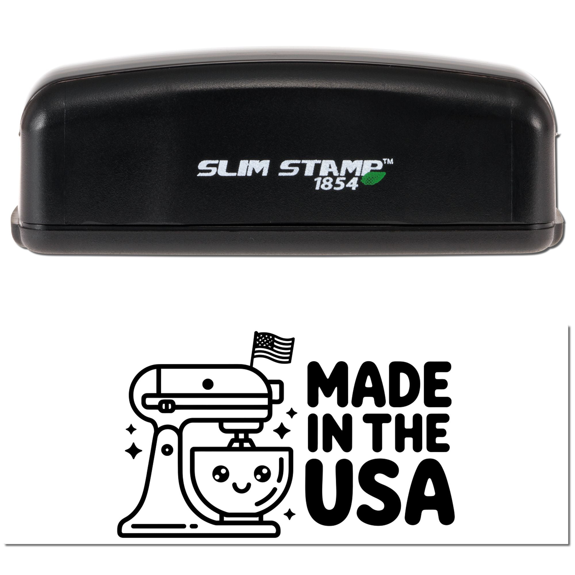 Black Slim Stamp 1854 stamp and seal with white logo and green leaf icon, above a bold Made in the USA graphic.