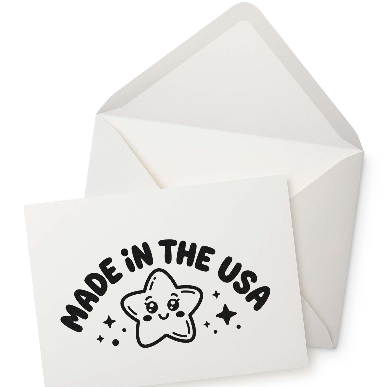 White envelope with black Made in the USA star stamp seal and cute sparkles, minimalist packaging.