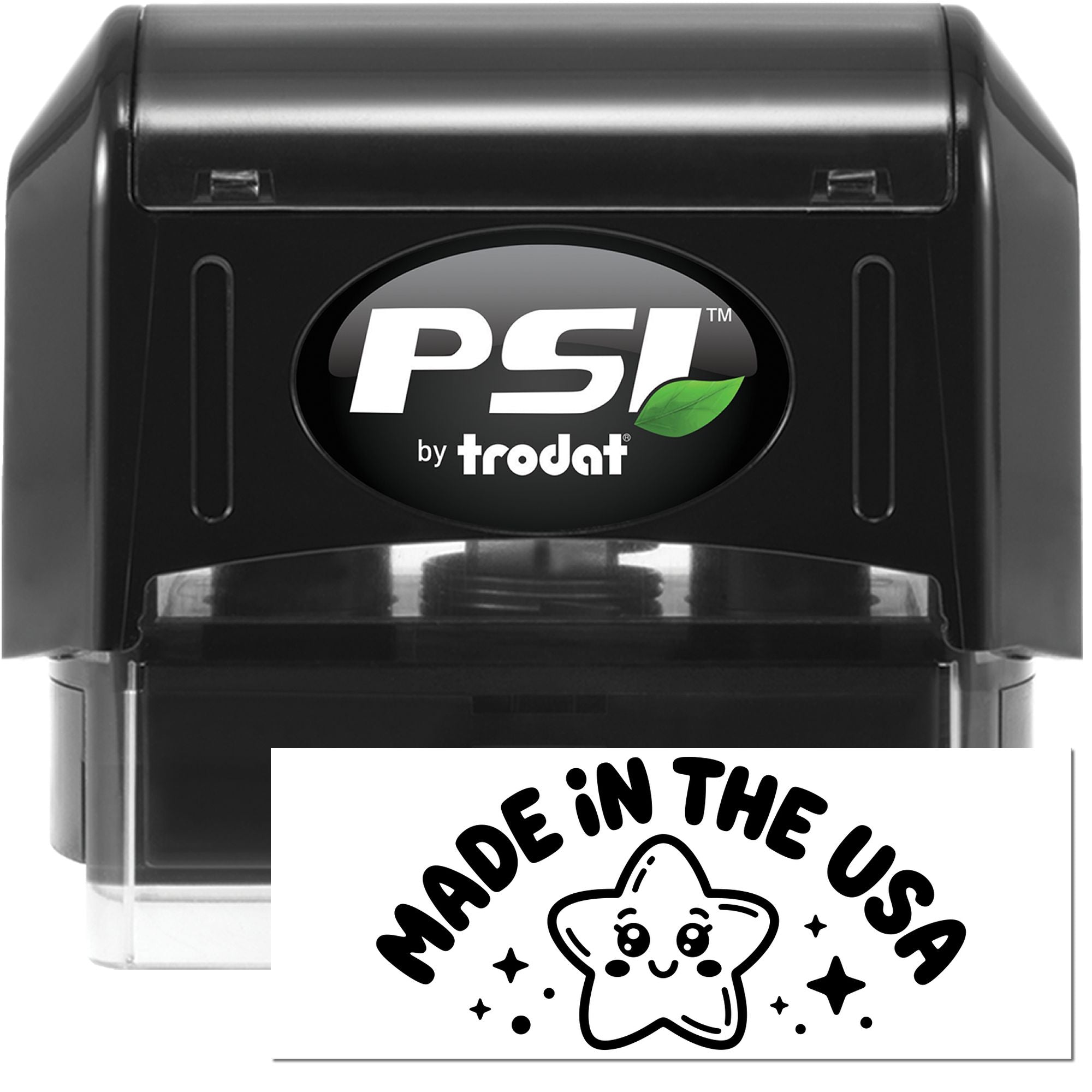 Black PSI by Trodat self-inking stamp, black case with green leaf logo, and Made in the USA seal sample.