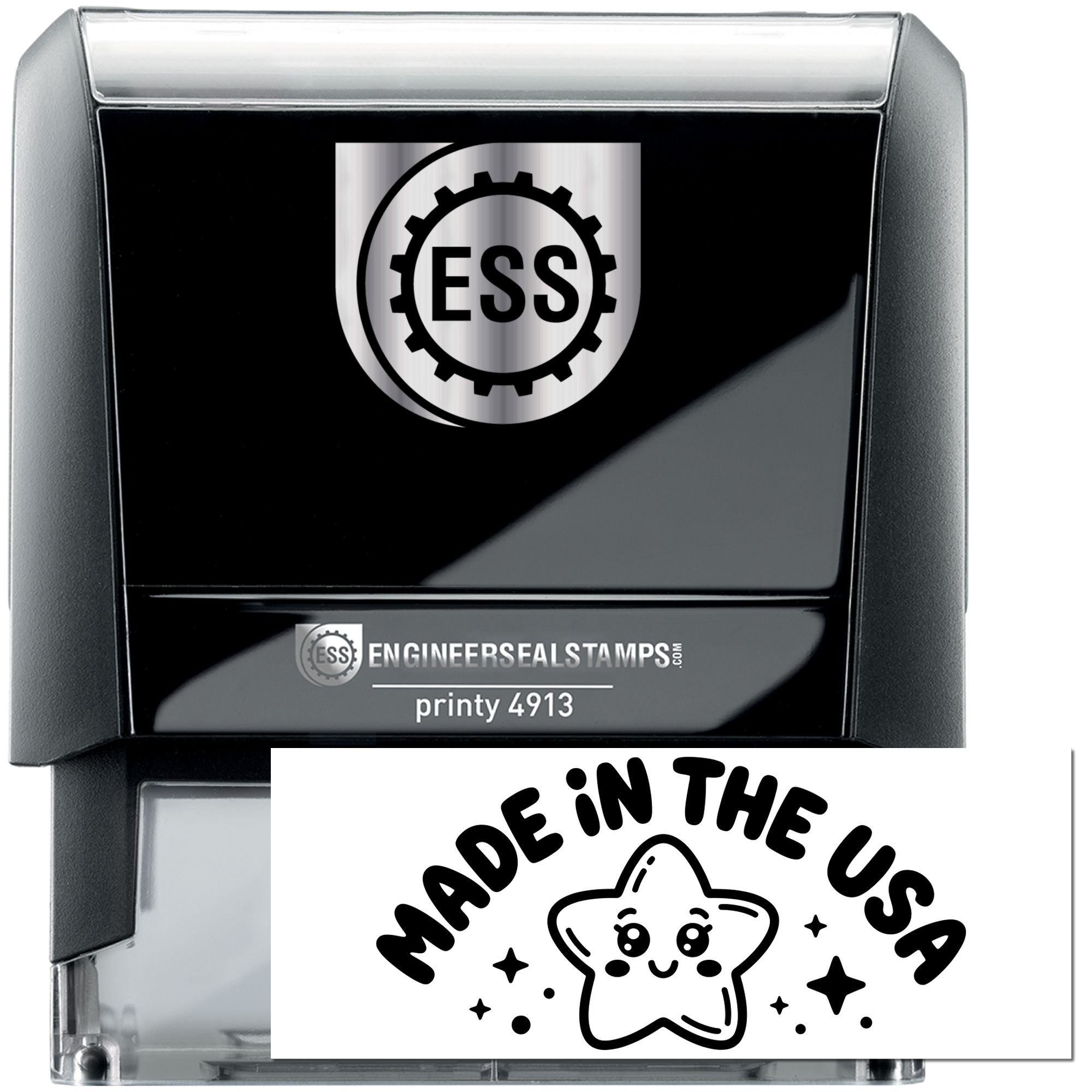 Black self-inking seal stamp with silver top, ESS logo, and white Made in the USA seal with star graphic.