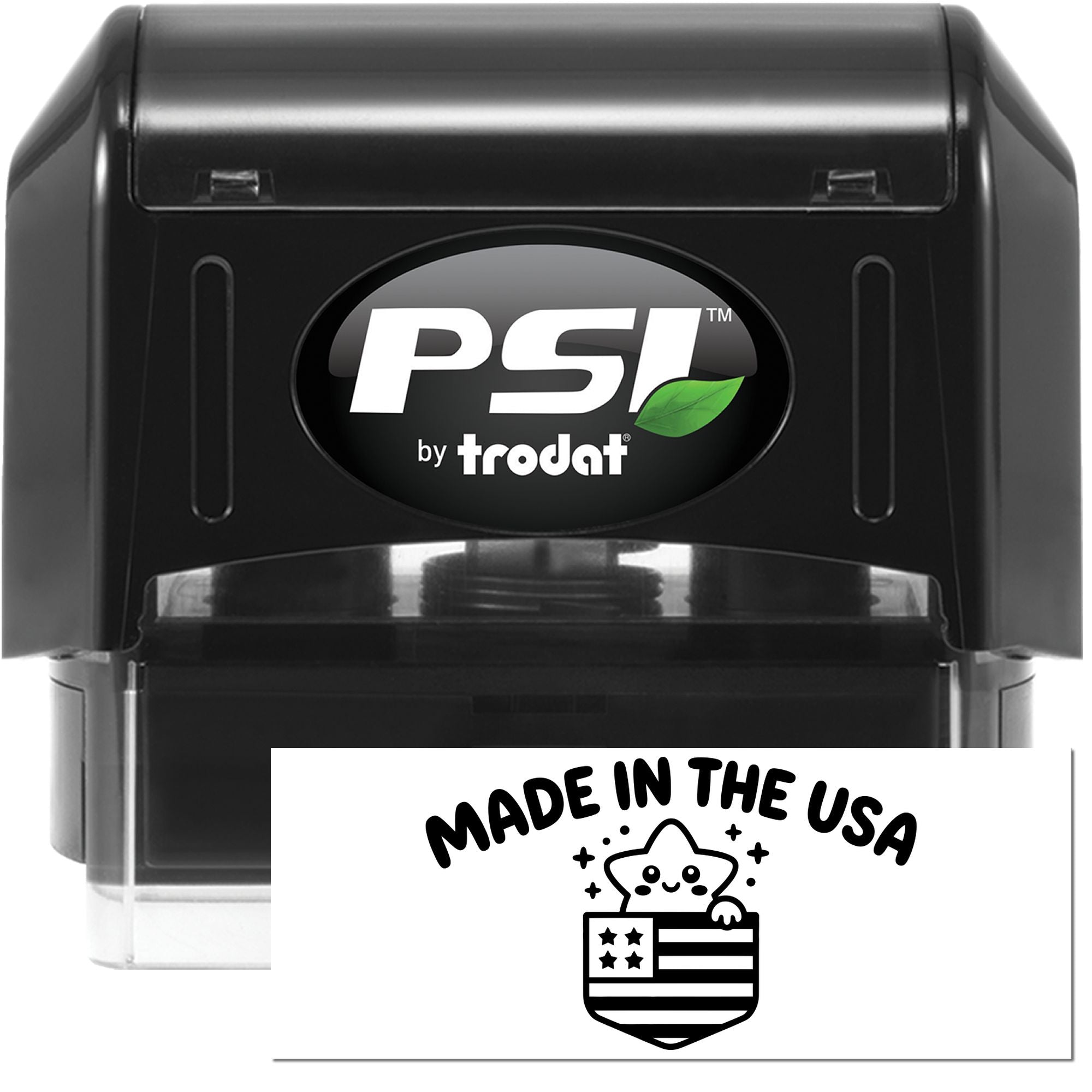 Black PSI by Trodat self-inking stamp and seal product with green leaf logo and Made in the USA emblem.