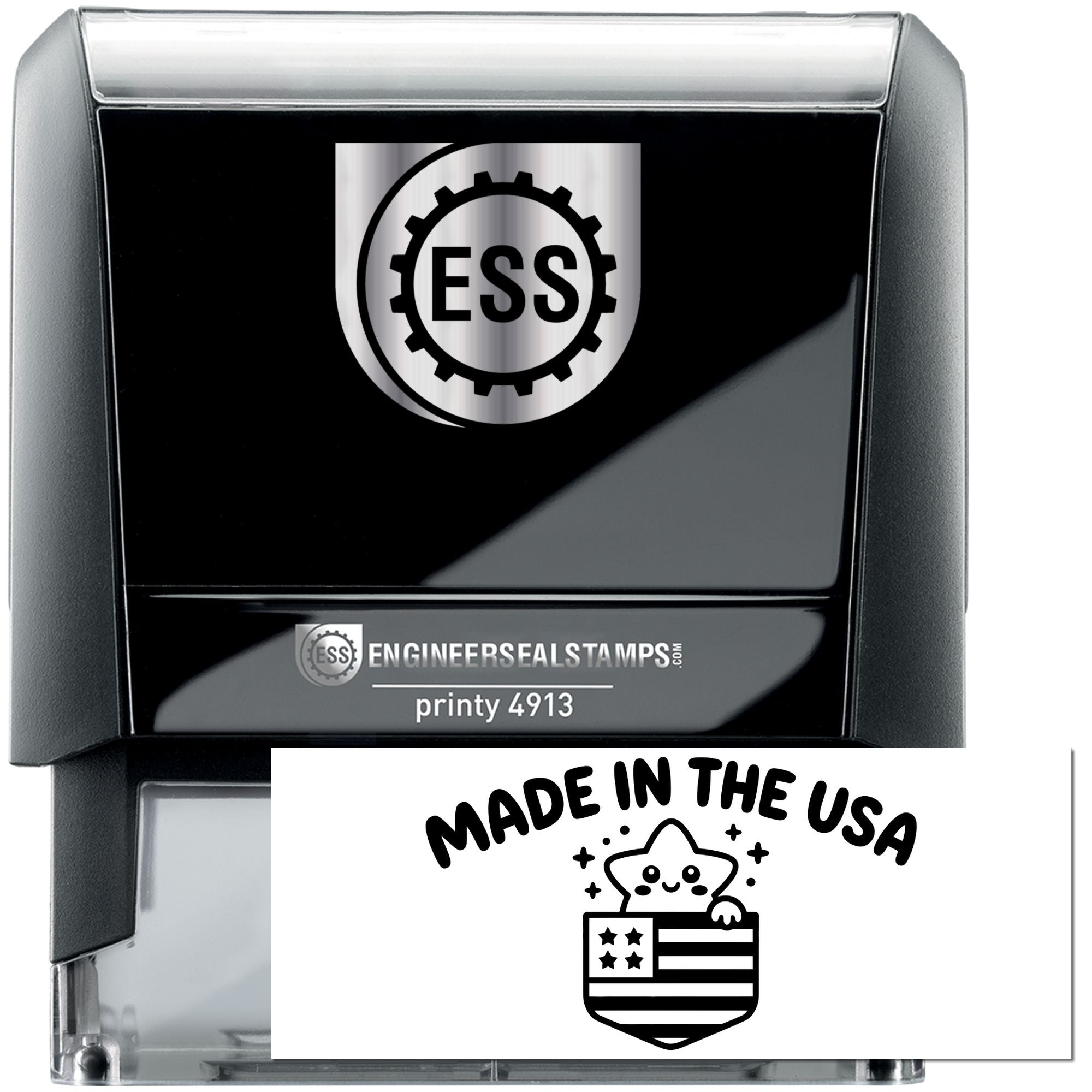 Black self-inking ESS stamp and seal with silver logo, printy 4913, and Made in the USA emblem
