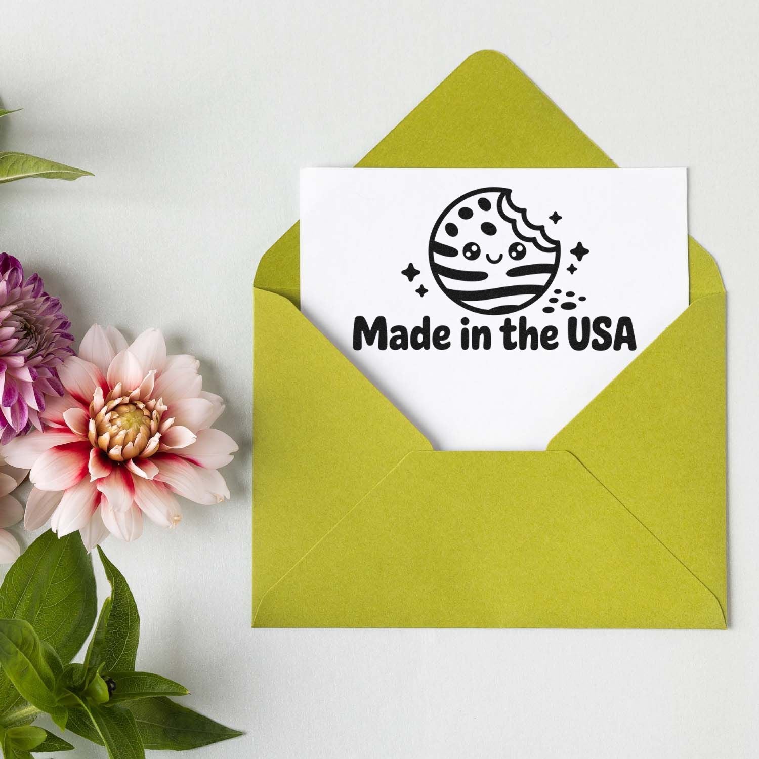 Green envelope with white card, black Made in the USA stamp, cute seal graphic, and pink-purple flowers.