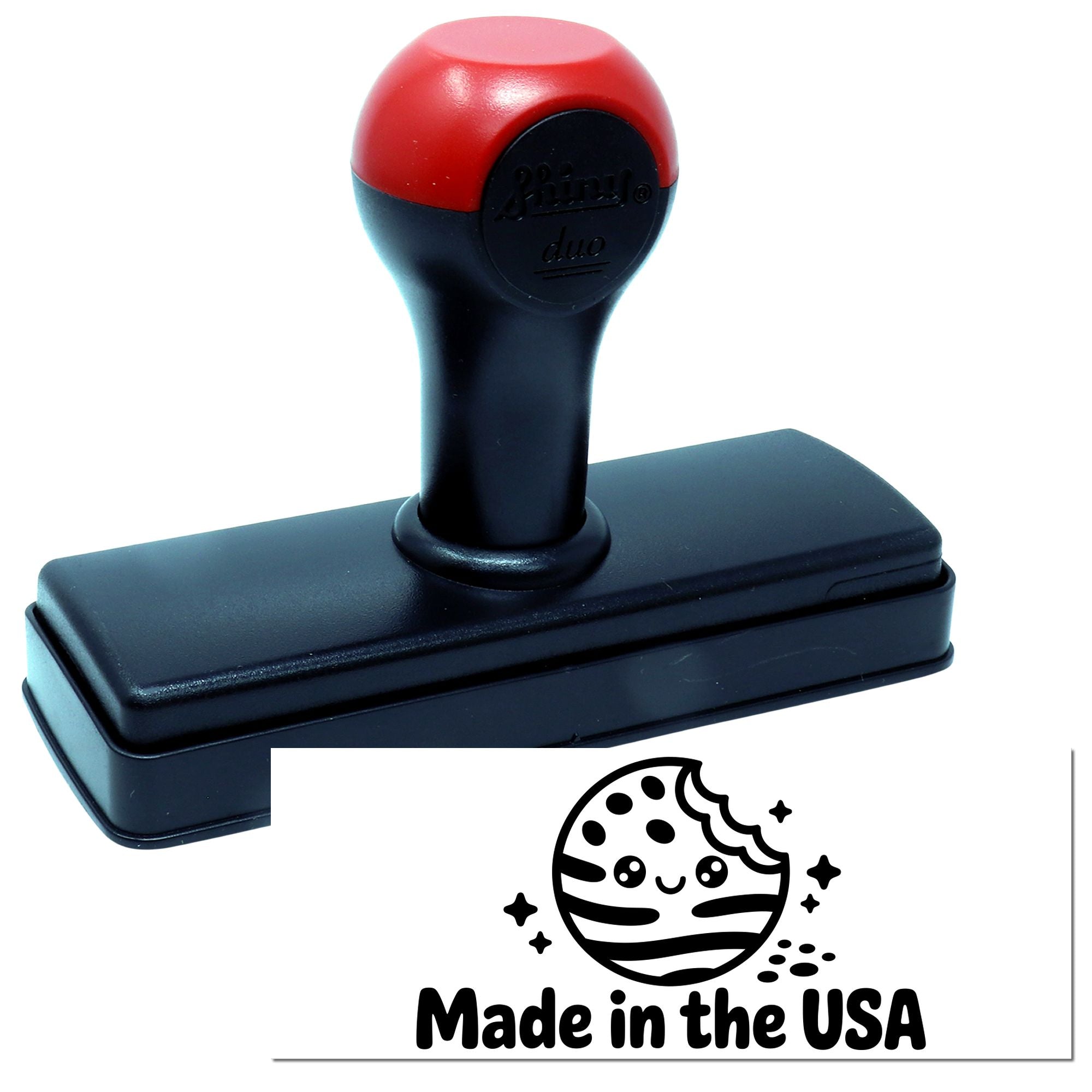 Red and black self-inking stamp with rectangular base and Made in the USA seal graphic.