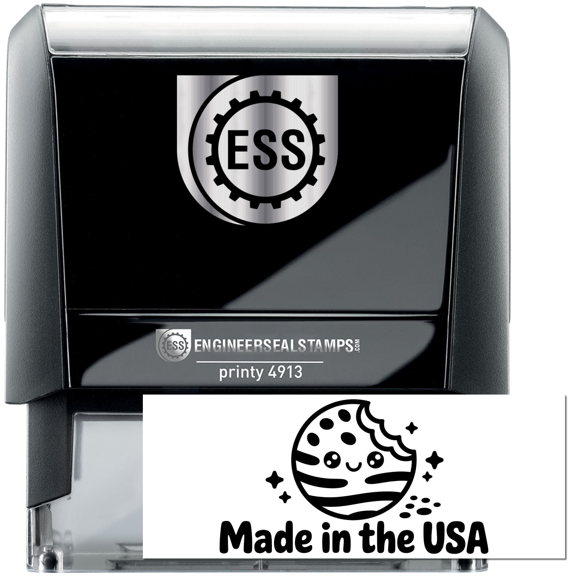 Black and silver ESS self-inking stamp and seal with Printy 4913 label and Made in the USA design.