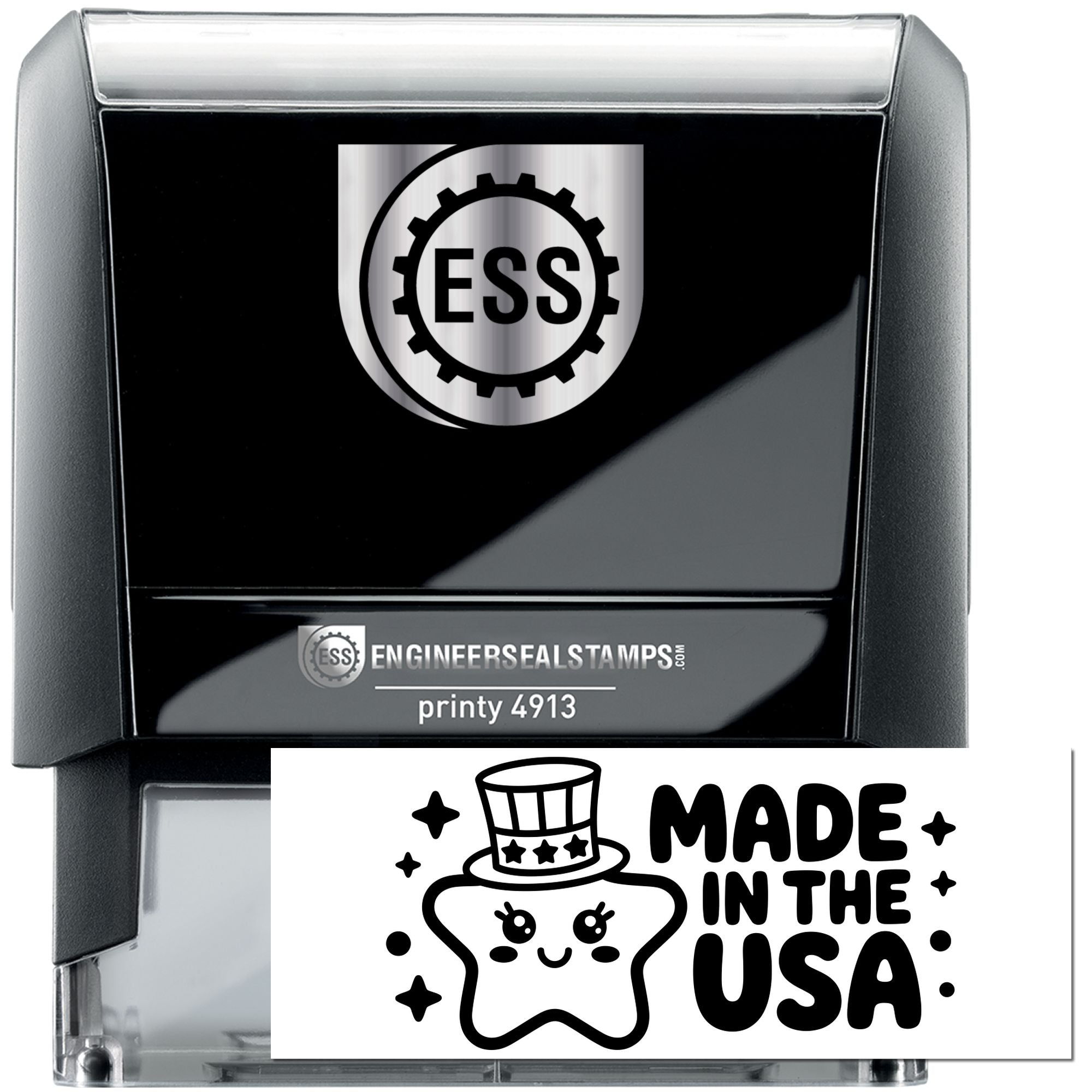 Black and silver self-inking engineer seal stamp with ESS logo and Made in the USA graphic