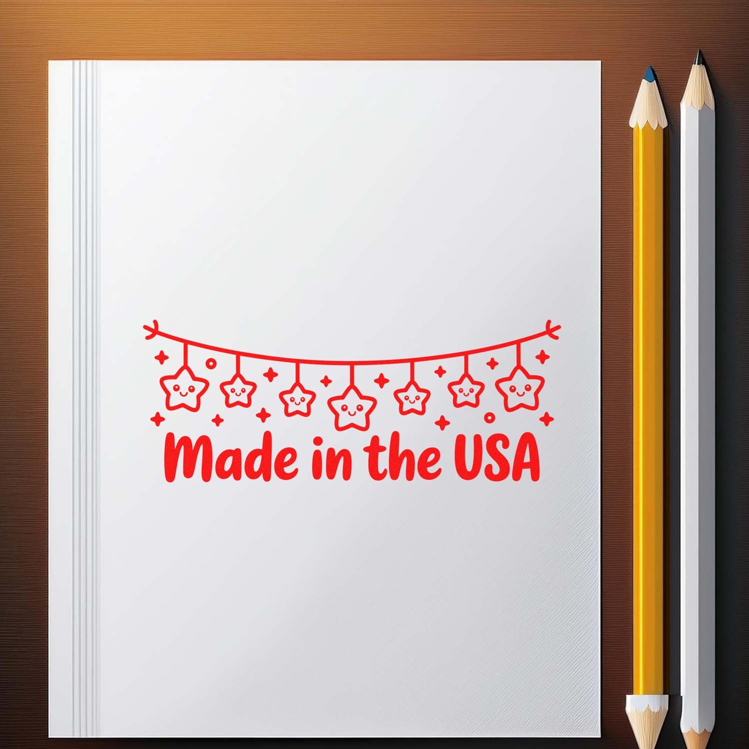 Red Made in the USA stamp design with smiling star garland on a white notebook, beside yellow and white pencils.