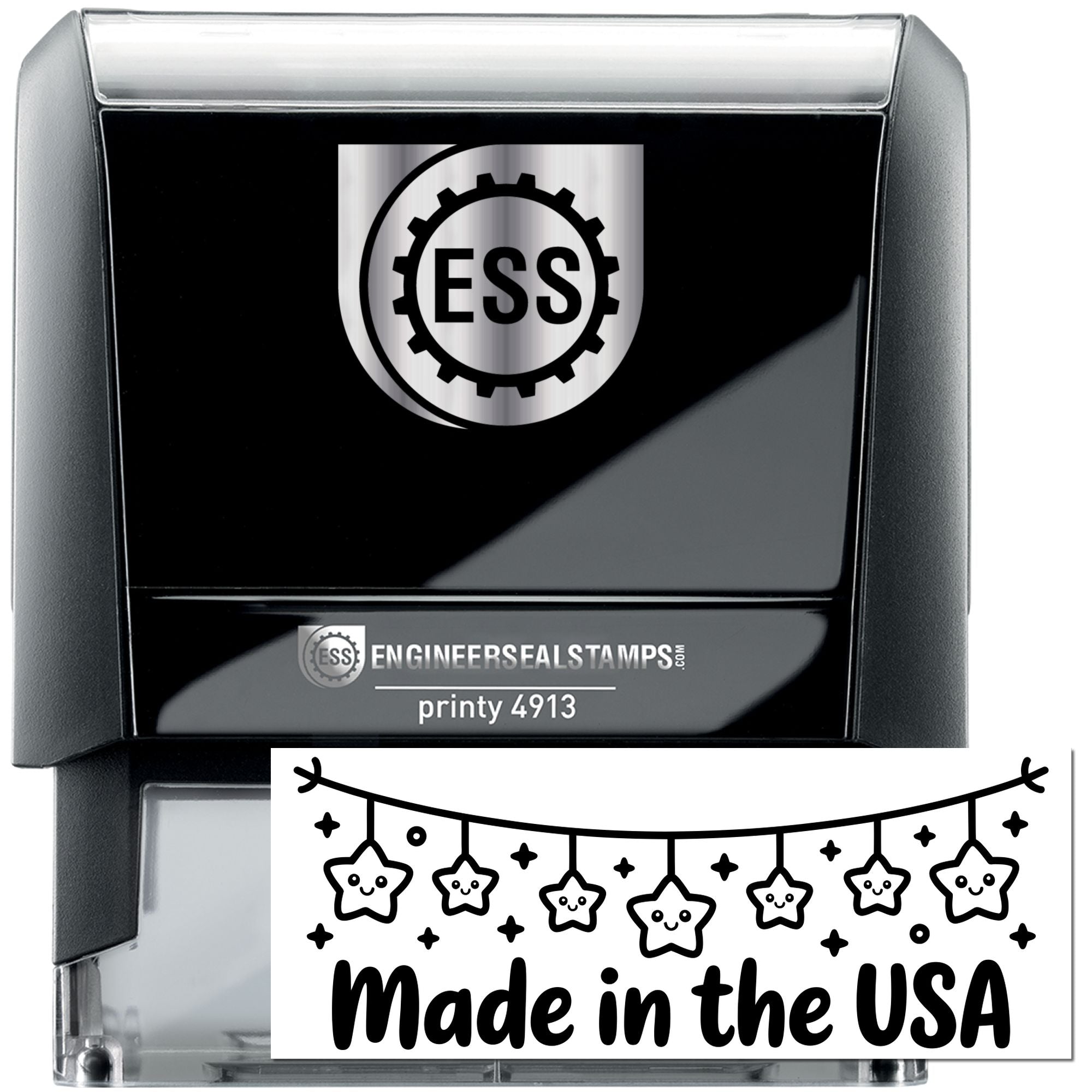 Black and silver self-inking ESS engineer seal stamp with gear logo and Made in the USA graphic