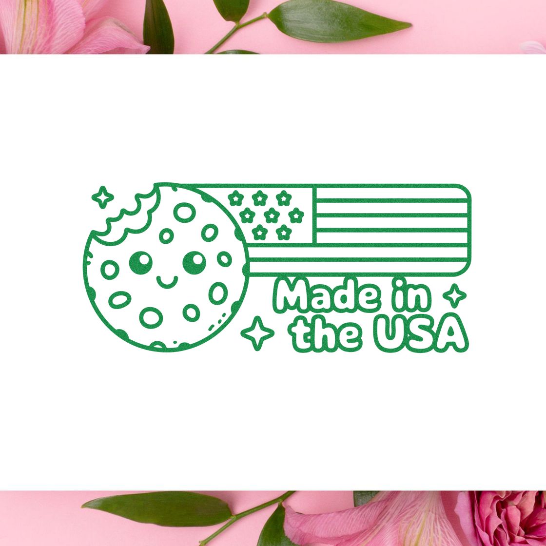 Green Made in the USA stamp and seal design with cookie icon, stars, and American flag stripes on a white background.