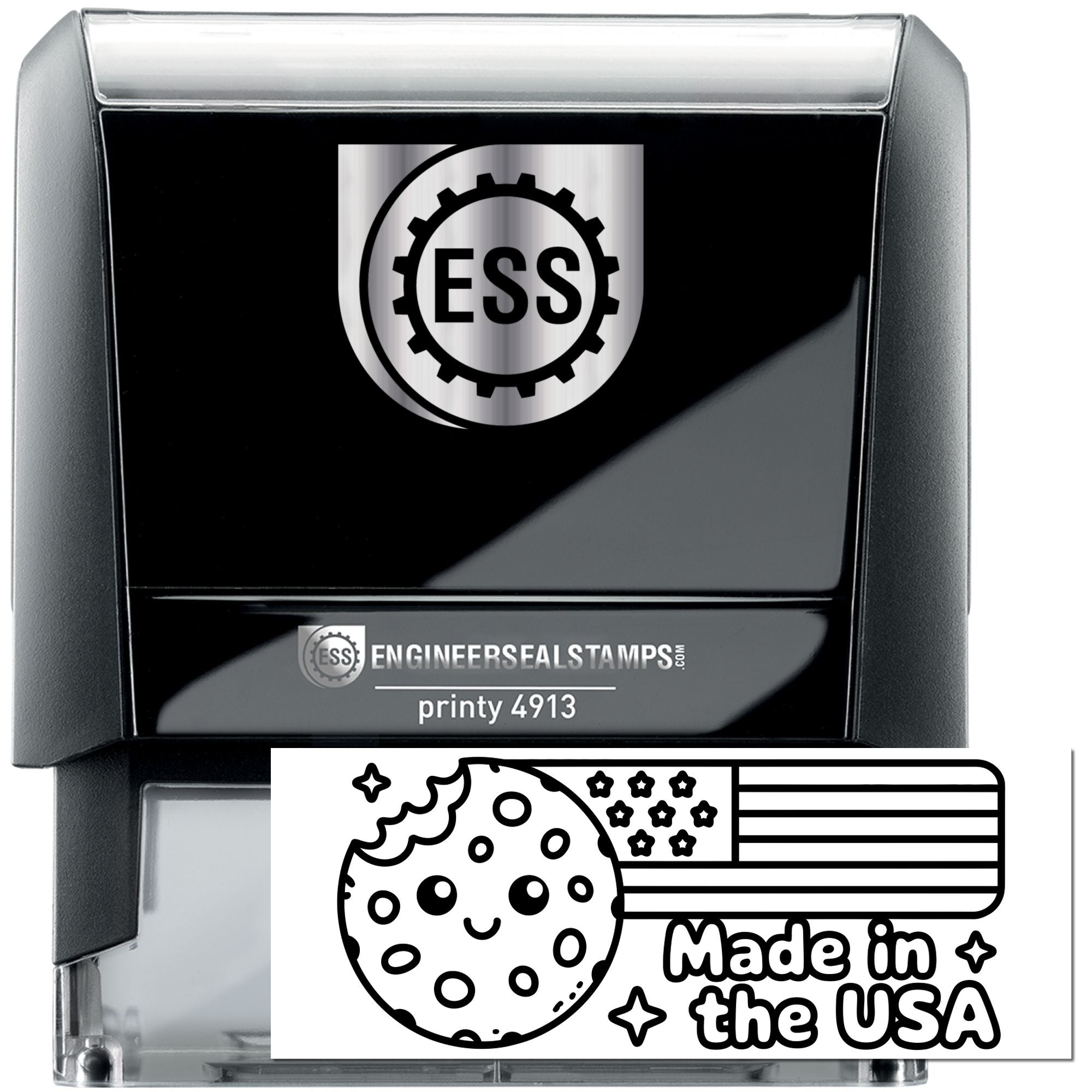 Black self-inking ESS stamp with silver top and Made in the USA seal design featuring a cookie and US flag.