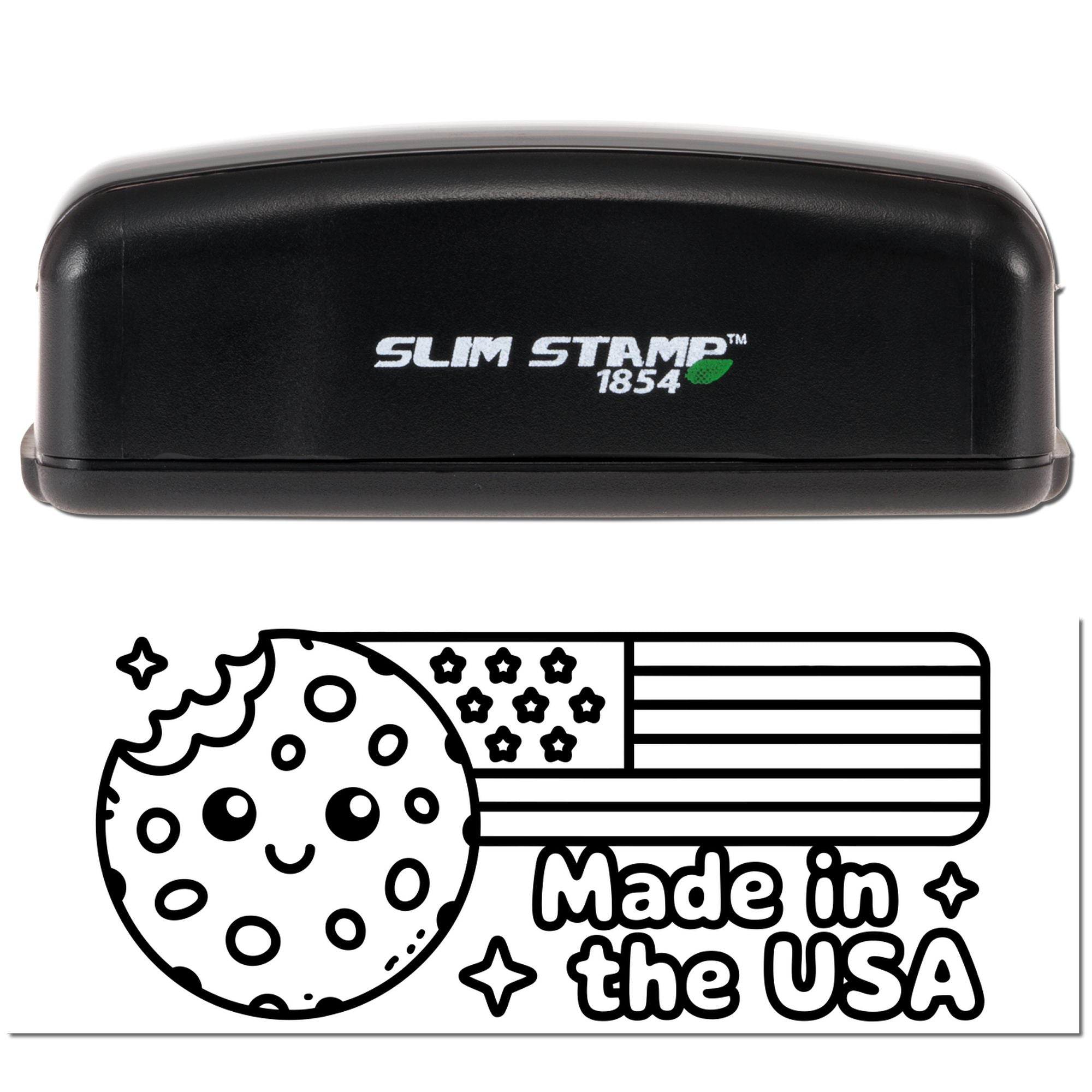Black Slim Stamp 1854 stamp case above a black-and-white Made in the USA seal with cookie, stars, and U.S. flag.