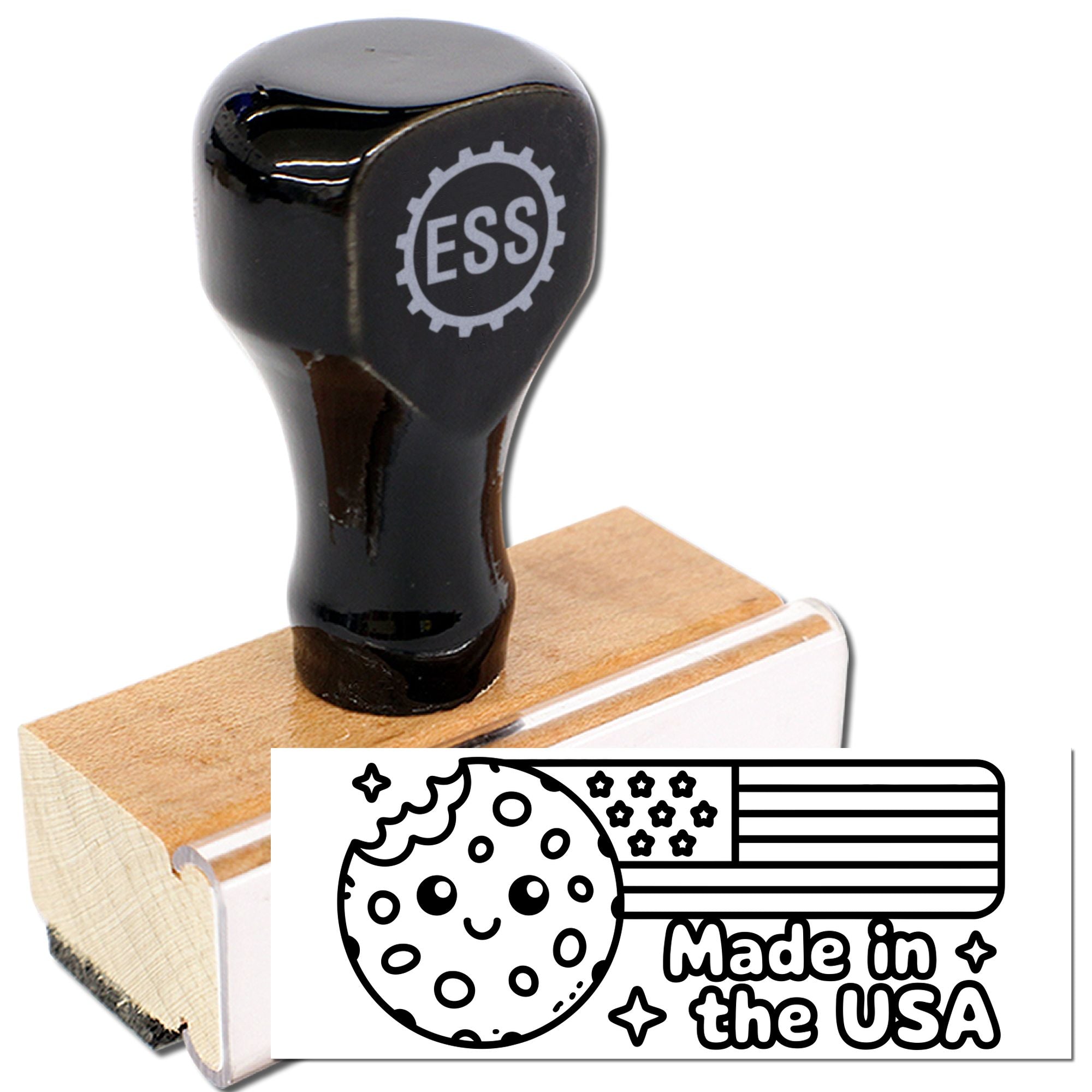 Black rubber stamp on tan wooden base with ESS logo and Made in the USA seal design