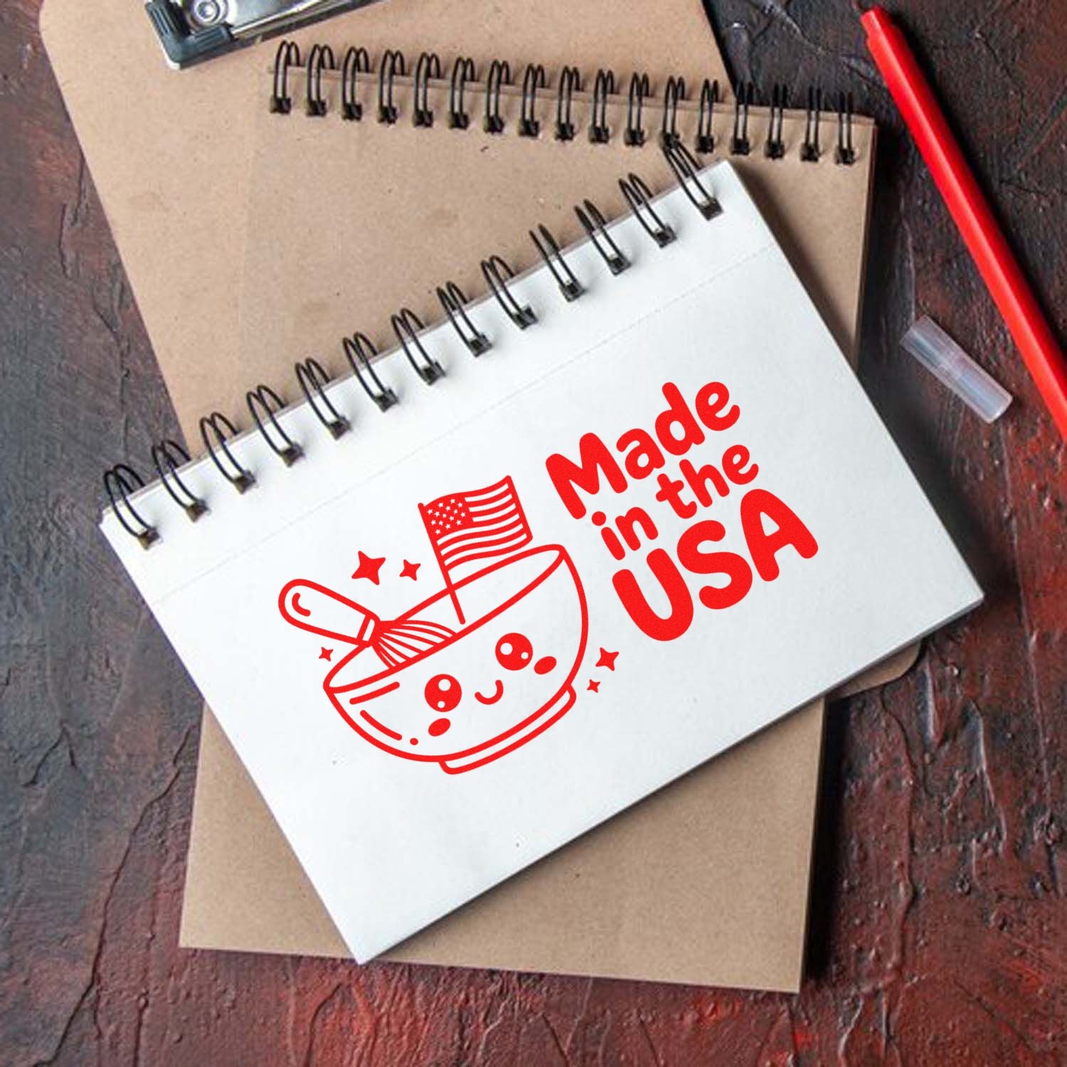 Red Made in the USA stamp design with bowl and whisk on a white spiral notebook, over a kraft notebook beside a red pen.