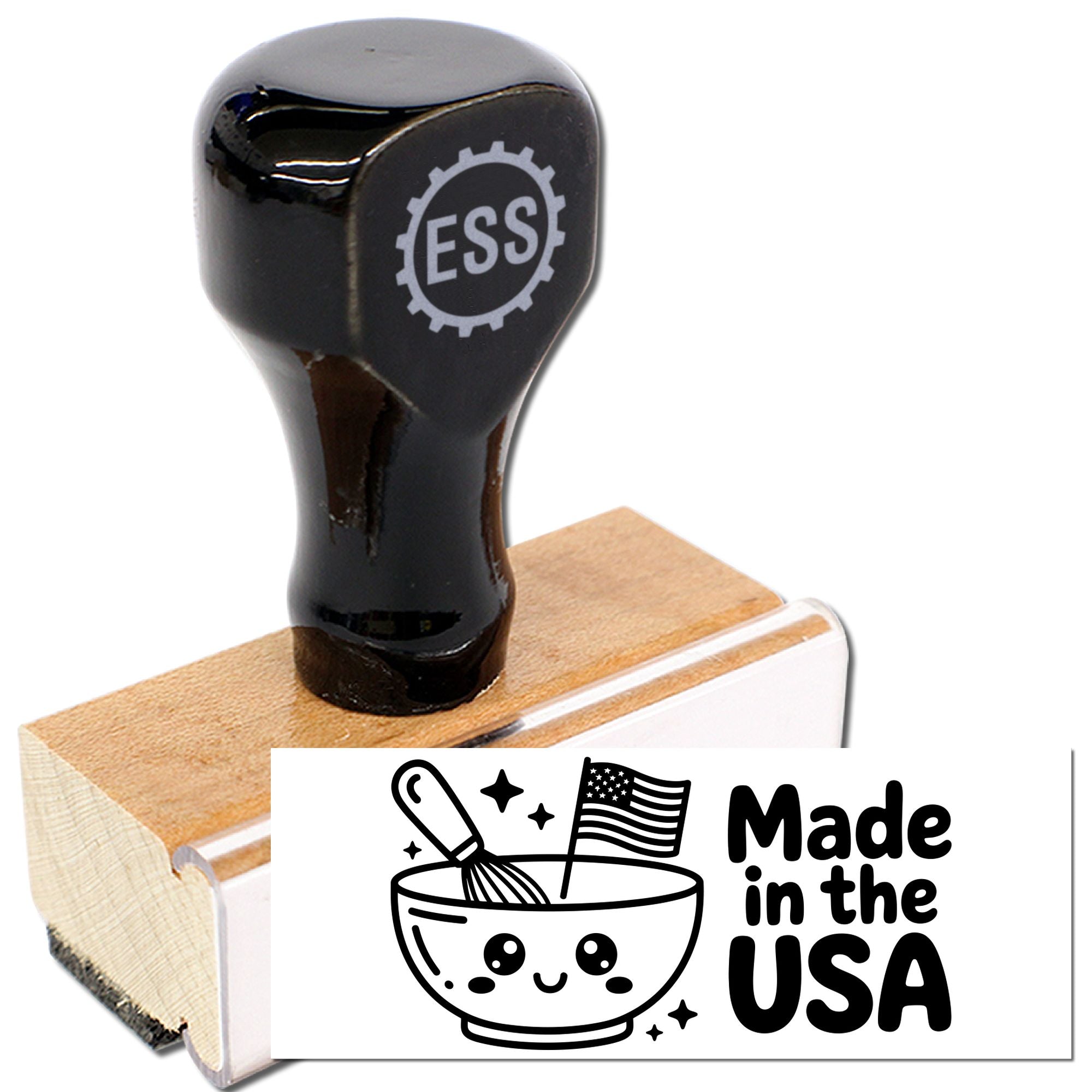Black rubber stamp with wooden handle and ESS gear logo, beside a Made in the USA seal graphic.