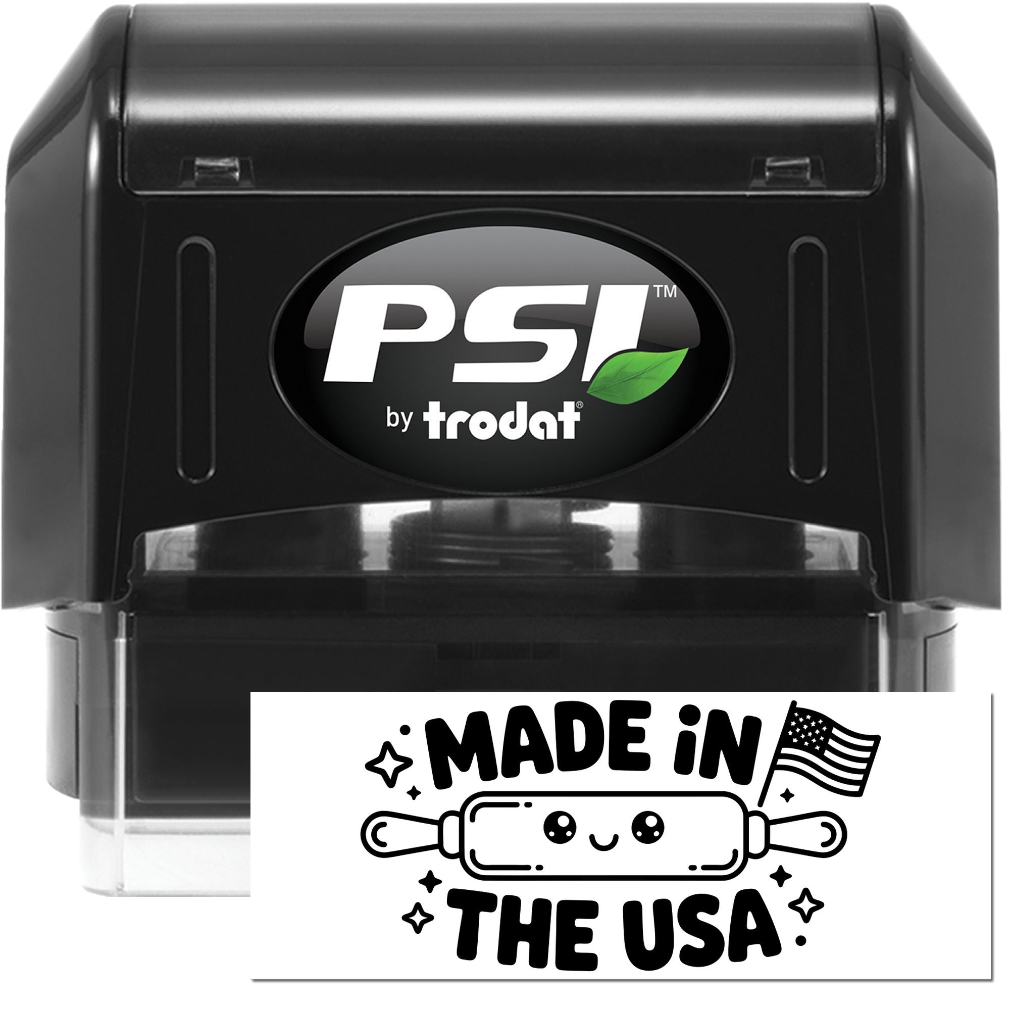 Black PSI by Trodat self-inking stamp and seal with green leaf logo, plus white Made in the USA sticker.