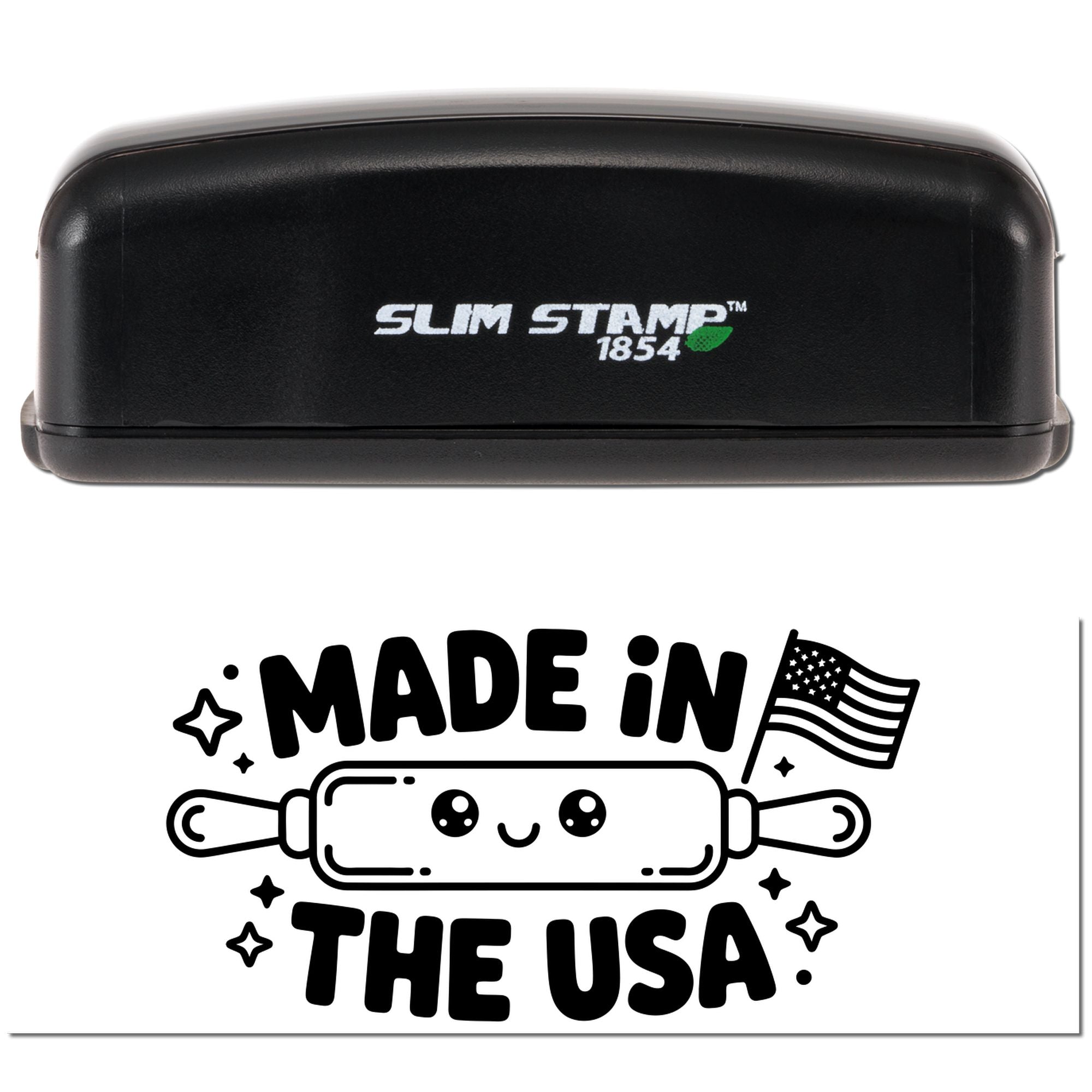 Black Slim Stamp 1854 self-inking stamp with green leaf logo above a black Made in the USA seal graphic