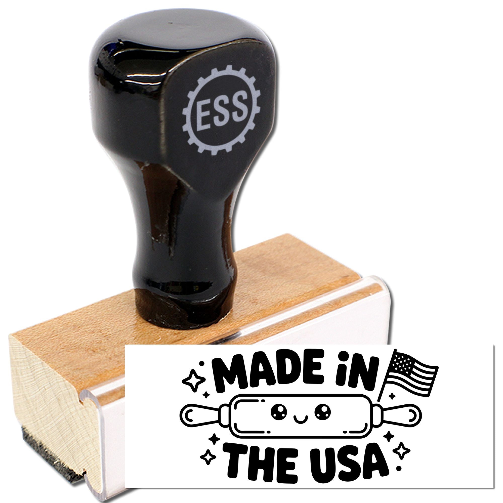 Black ESS rubber stamp on wooden block with white Made in the USA seal and rolling pin graphic