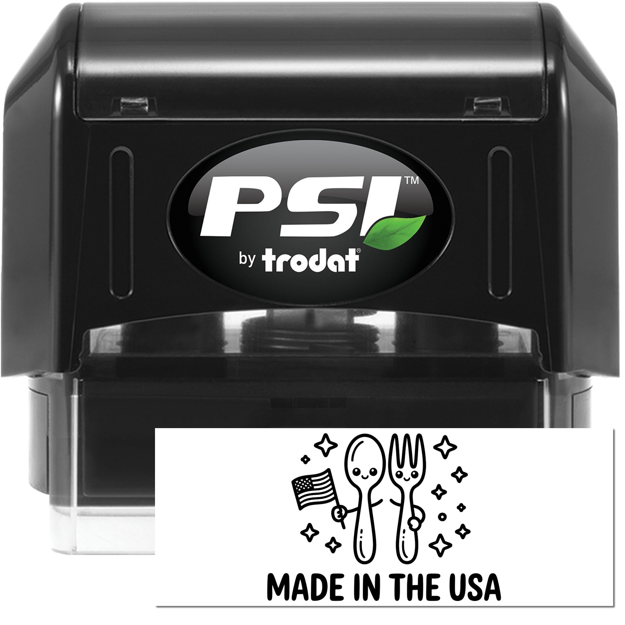 Black PSI by Trodat self-inking stamp with clear seal, custom Made in the USA design in black and white.