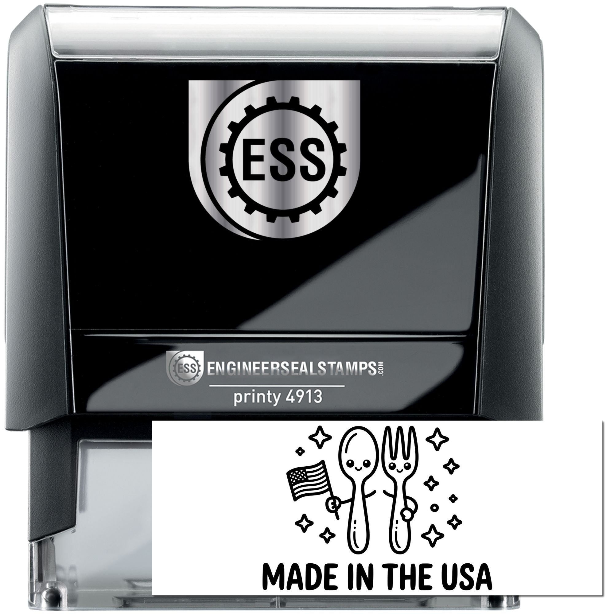 Black self-inking engineer seal stamp with silver top, ESS logo, and Made in USA design card.