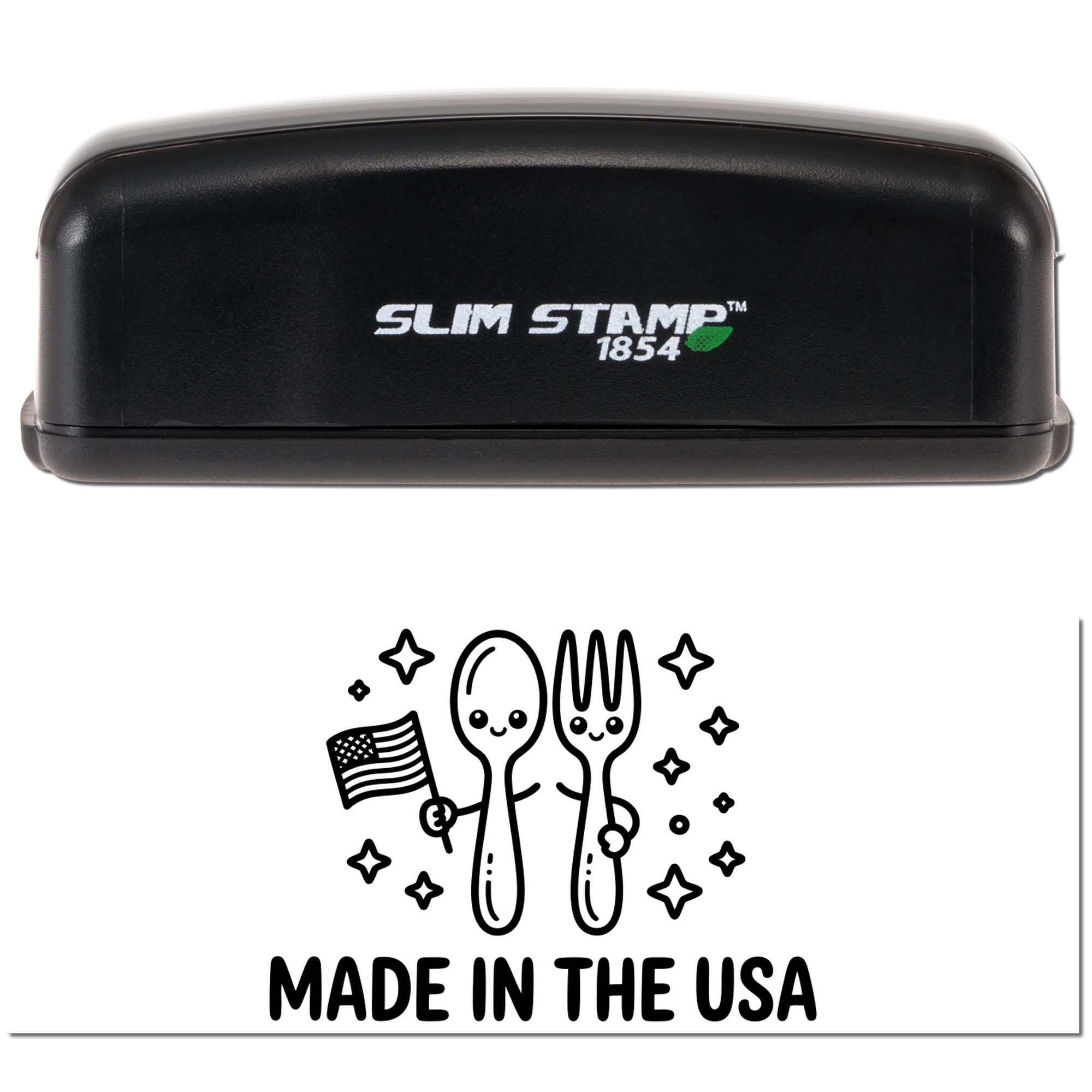 Black Slim Stamp 1854 stamp and seal with white Made in the USA design, spoon and fork icon, and small U.S. flag.