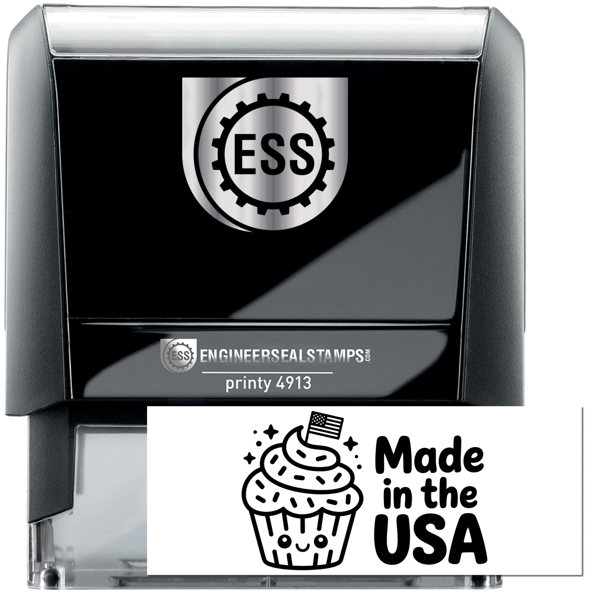 Black and silver ESS self-inking stamp and seal with gear logo, printy 4913 label, and Made in the USA cupcake design.