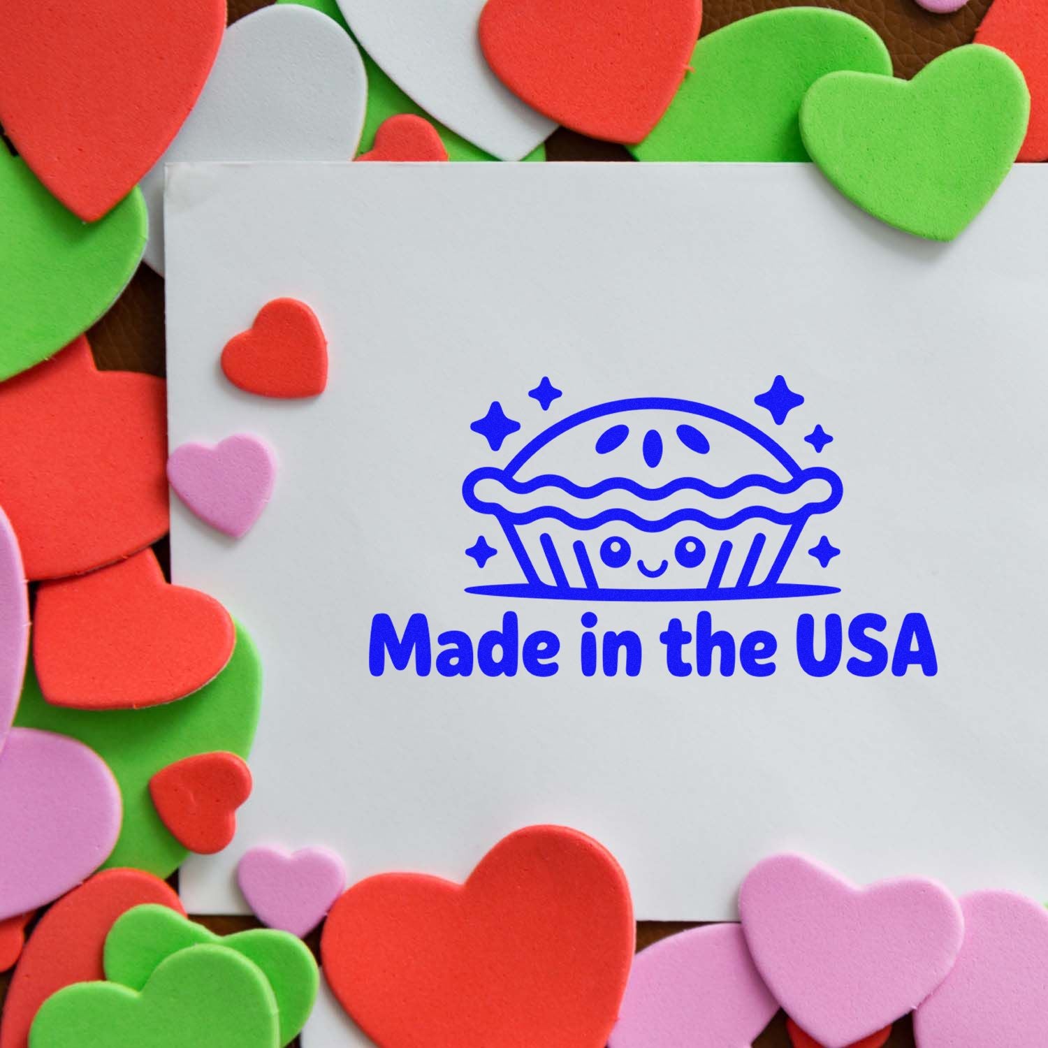 White card with blue Made in the USA rubber stamp, surrounded by red, green, and pink heart seals