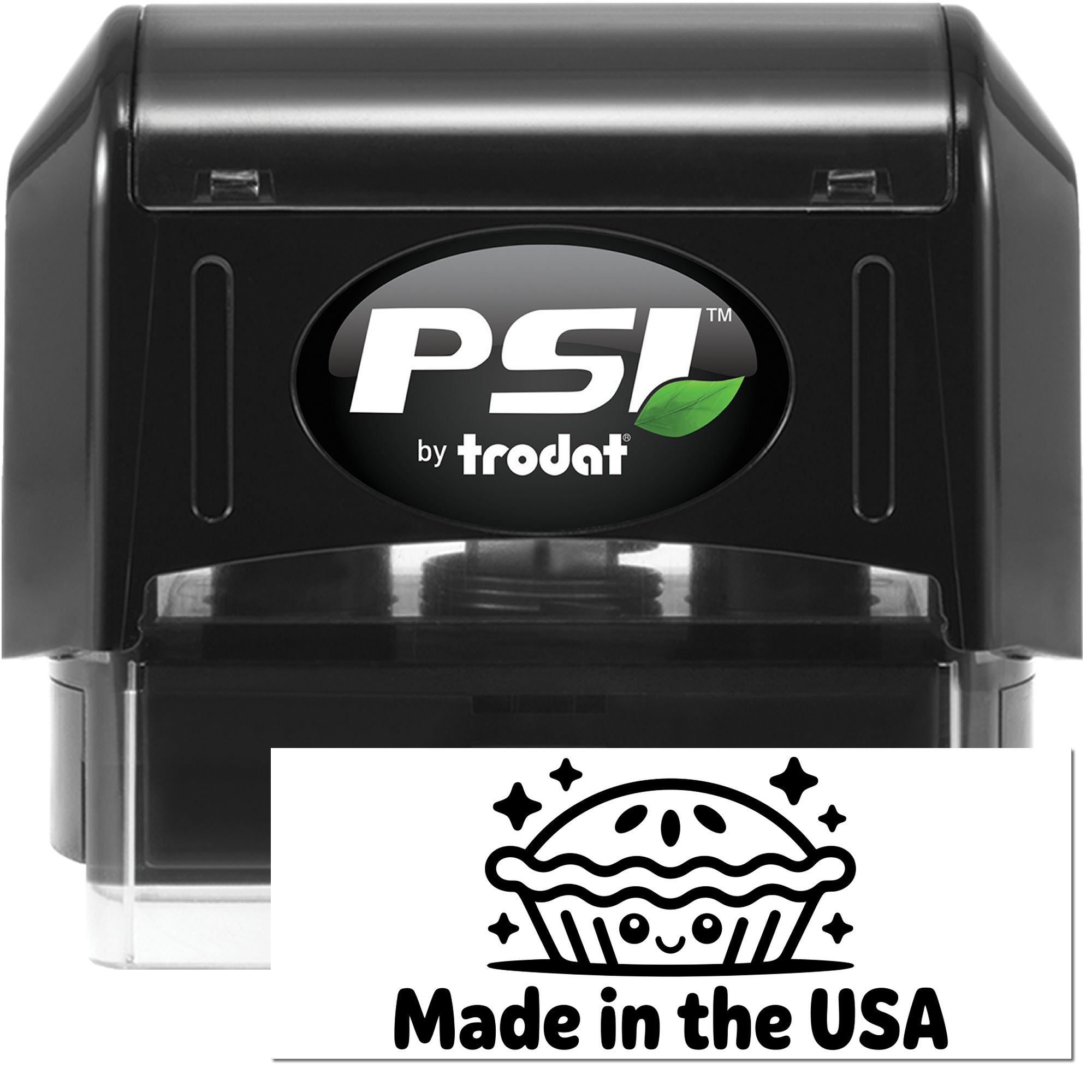 Black PSI by Trodat self-inking stamp with clear base and Made in the USA seal design.