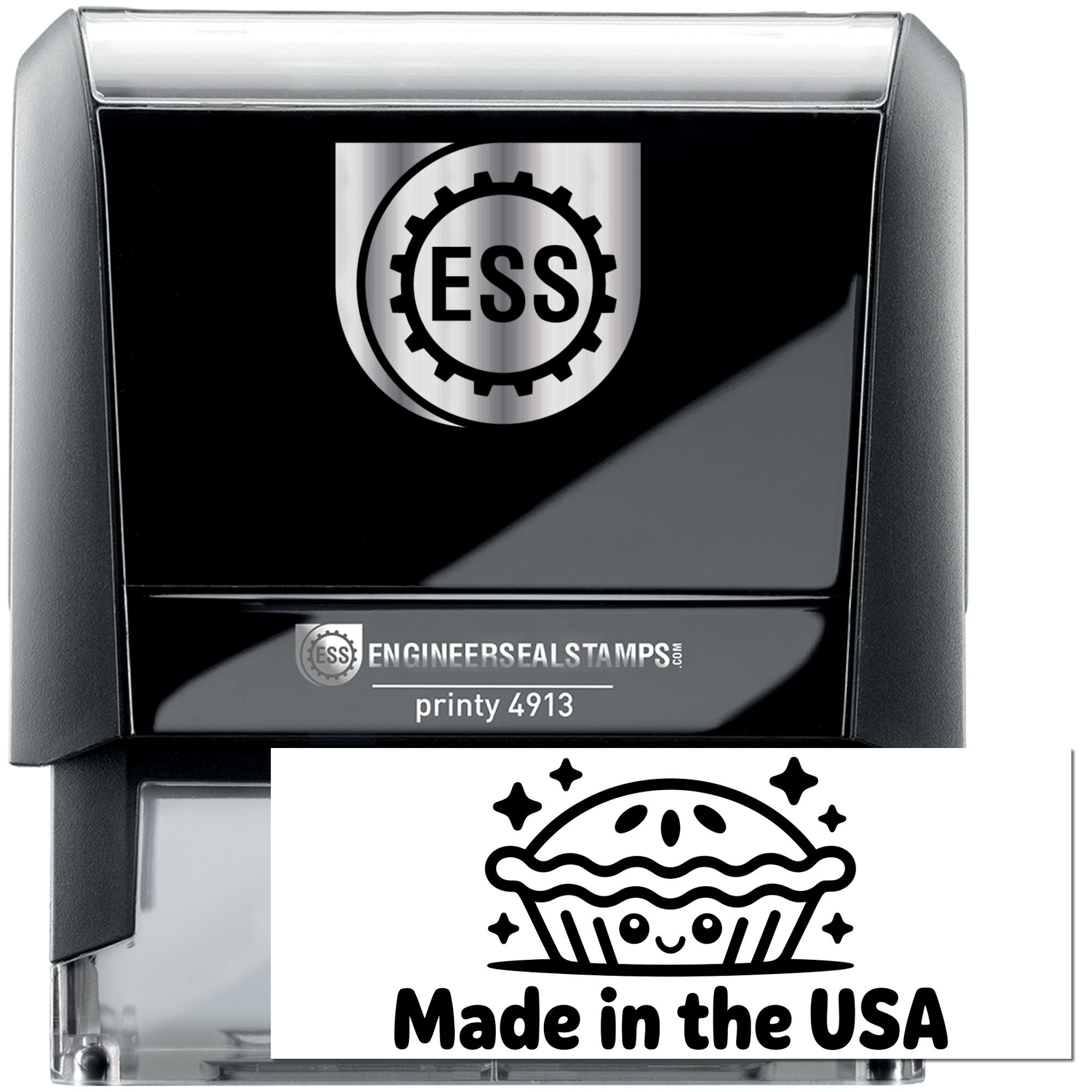 Black ESS self-inking stamp with silver trim and round gear logo, plus Made in the USA seal graphic.