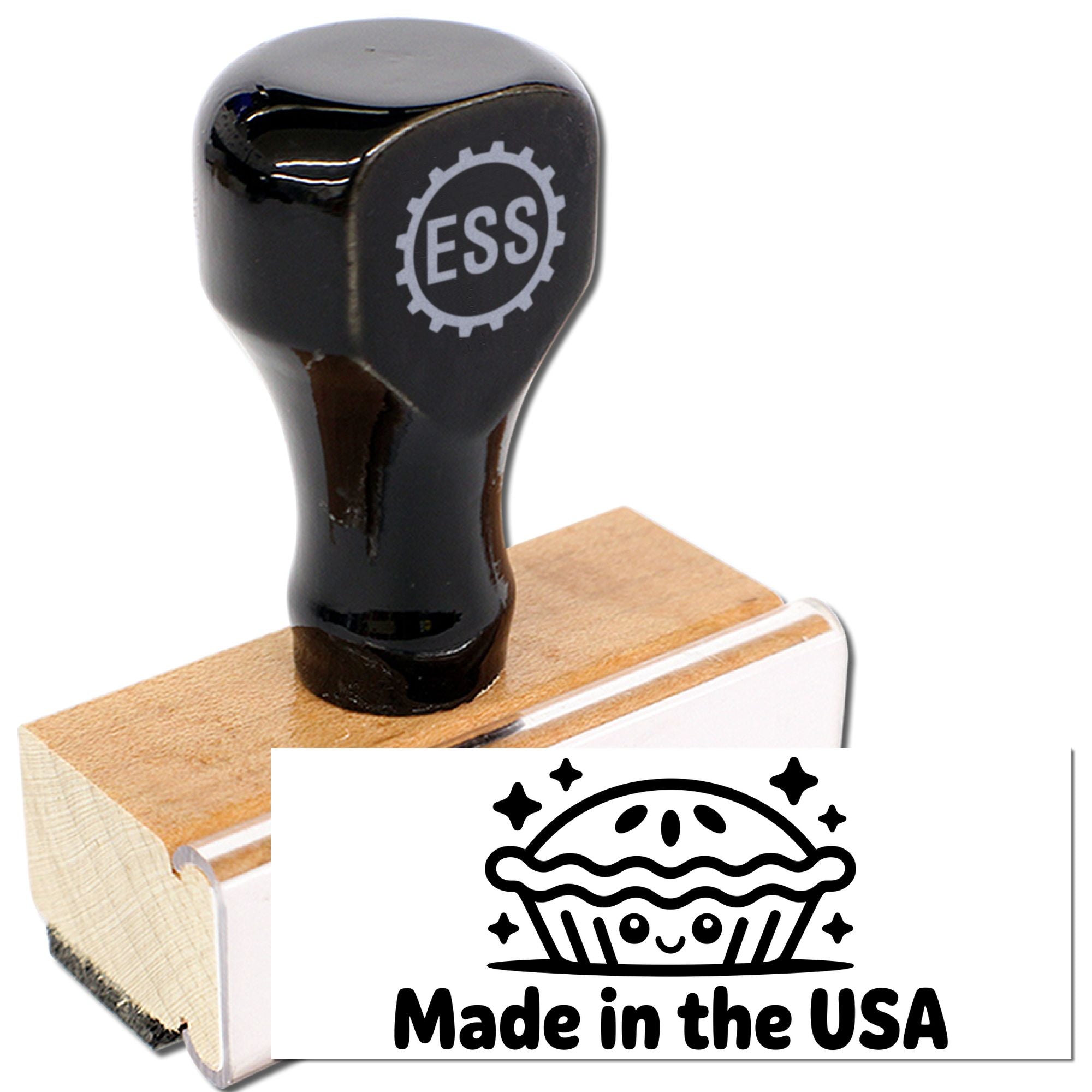 Black ESS rubber stamp on wood base with a Made in the USA seal graphic.