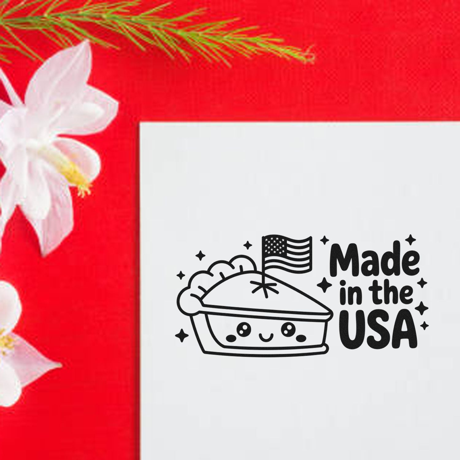 Black Made in the USA pie stamp on a white seal sheet, set against a bright red background with white flowers.