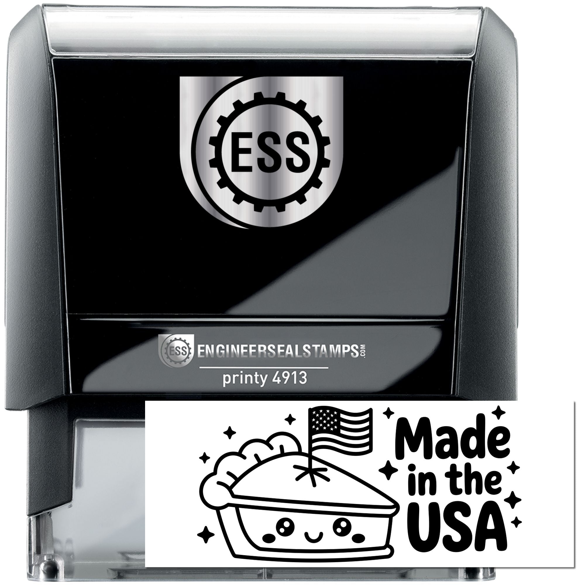 Black ESS self-inking engineer seal stamp with silver logo and USA-made seal graphic.