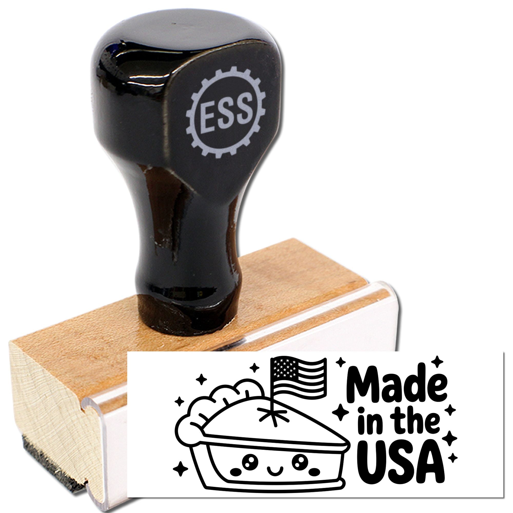 Black ESS rubber stamp seal on wooden base with white Made in the USA design and pie graphic