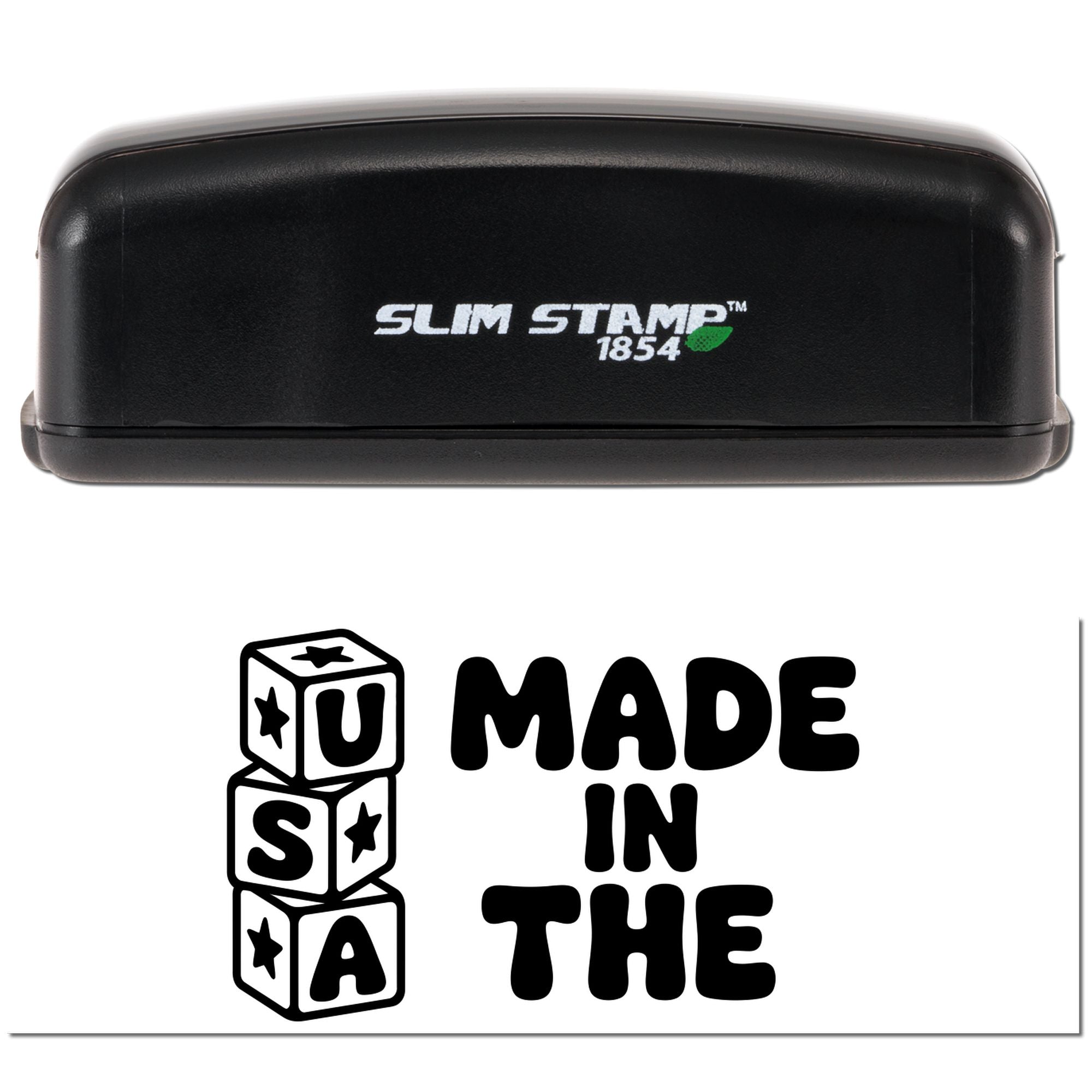 Black Slim Stamp 1854 stamp and seal product with white logo, above a Made in the USA graphic.