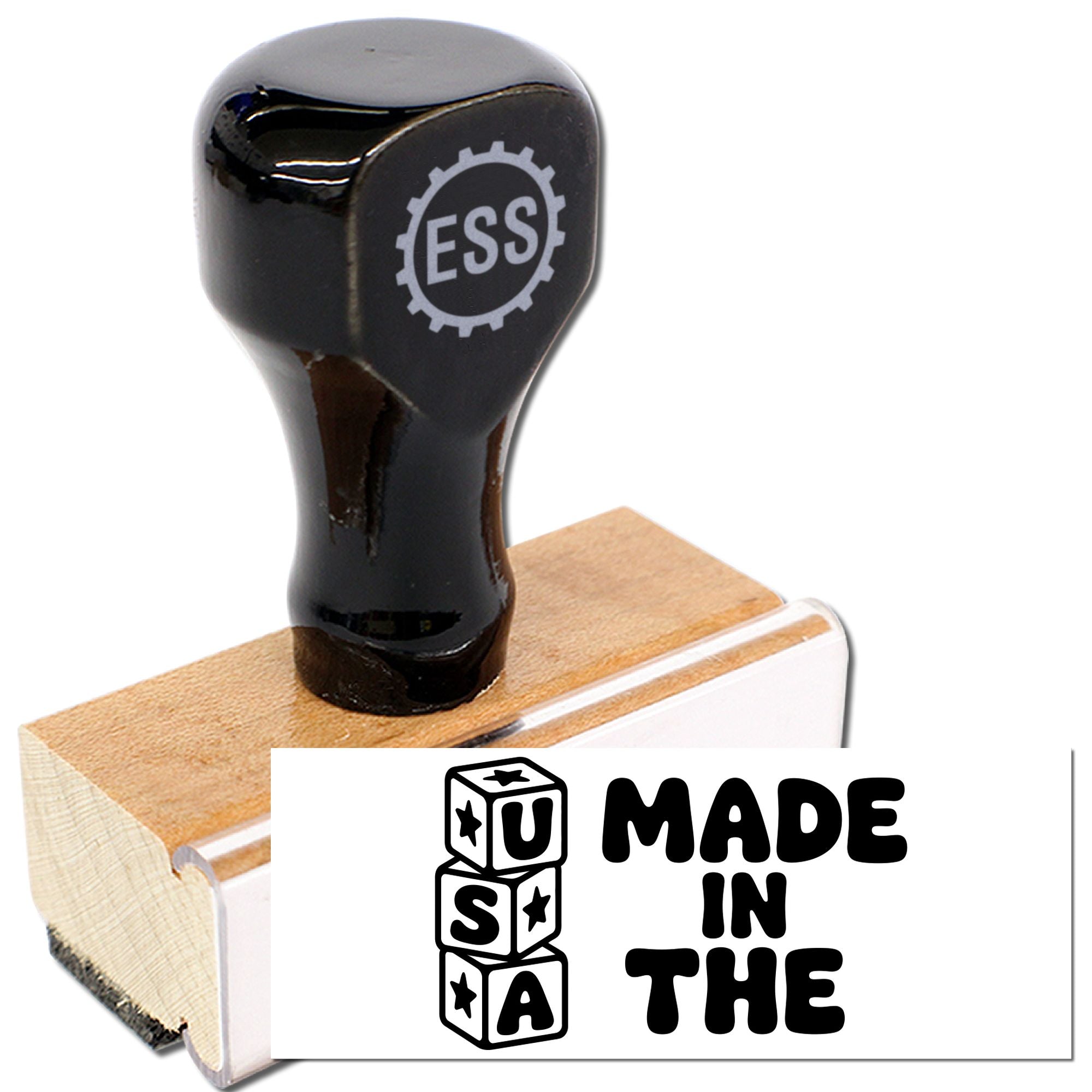 Black rubber stamp seal with ESS logo on a wooden block, white trim, and Made in the USA mark.