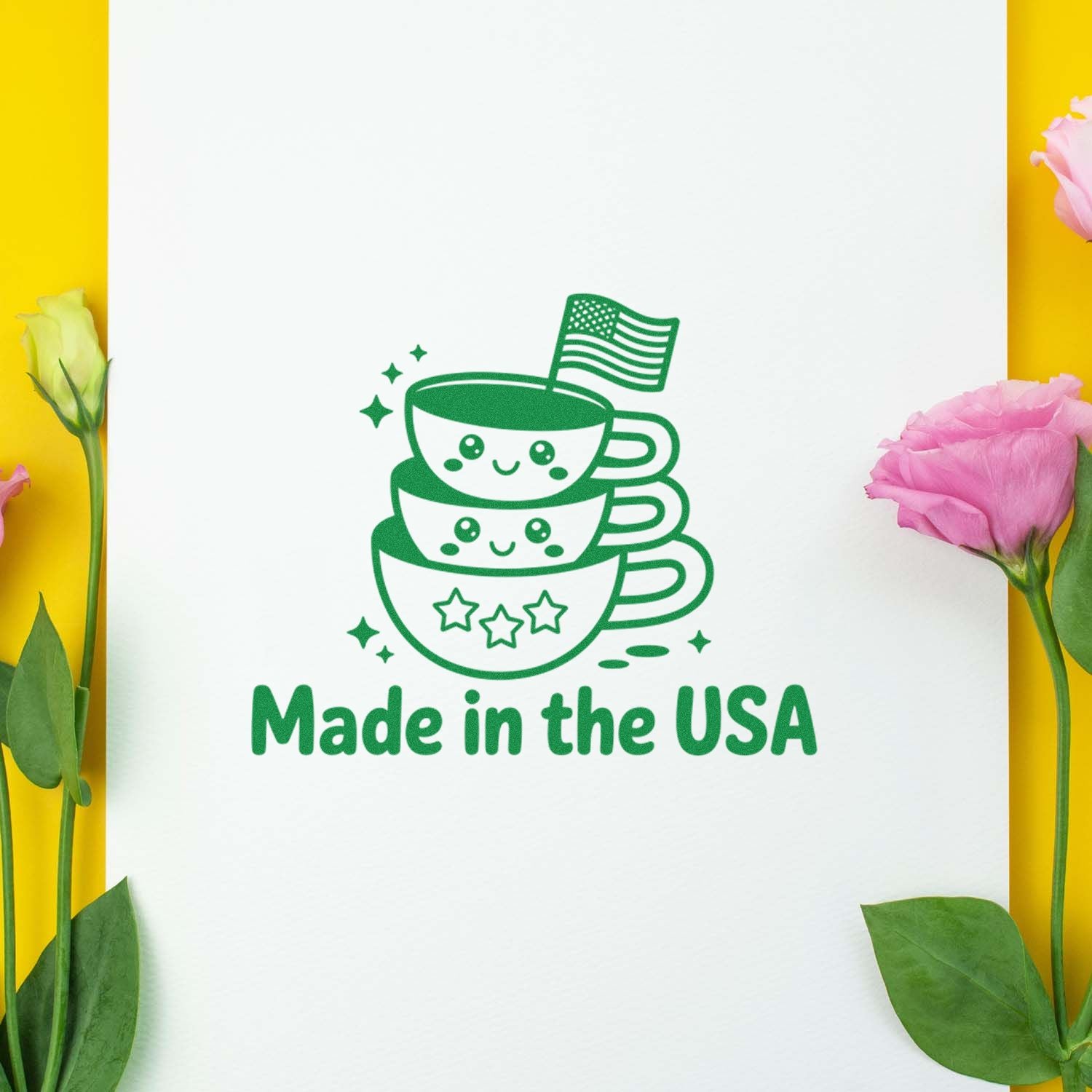 Green Made in the USA stamp seal with smiling stacked cups, small U.S. flag, on white paper with yellow and pink floral accents