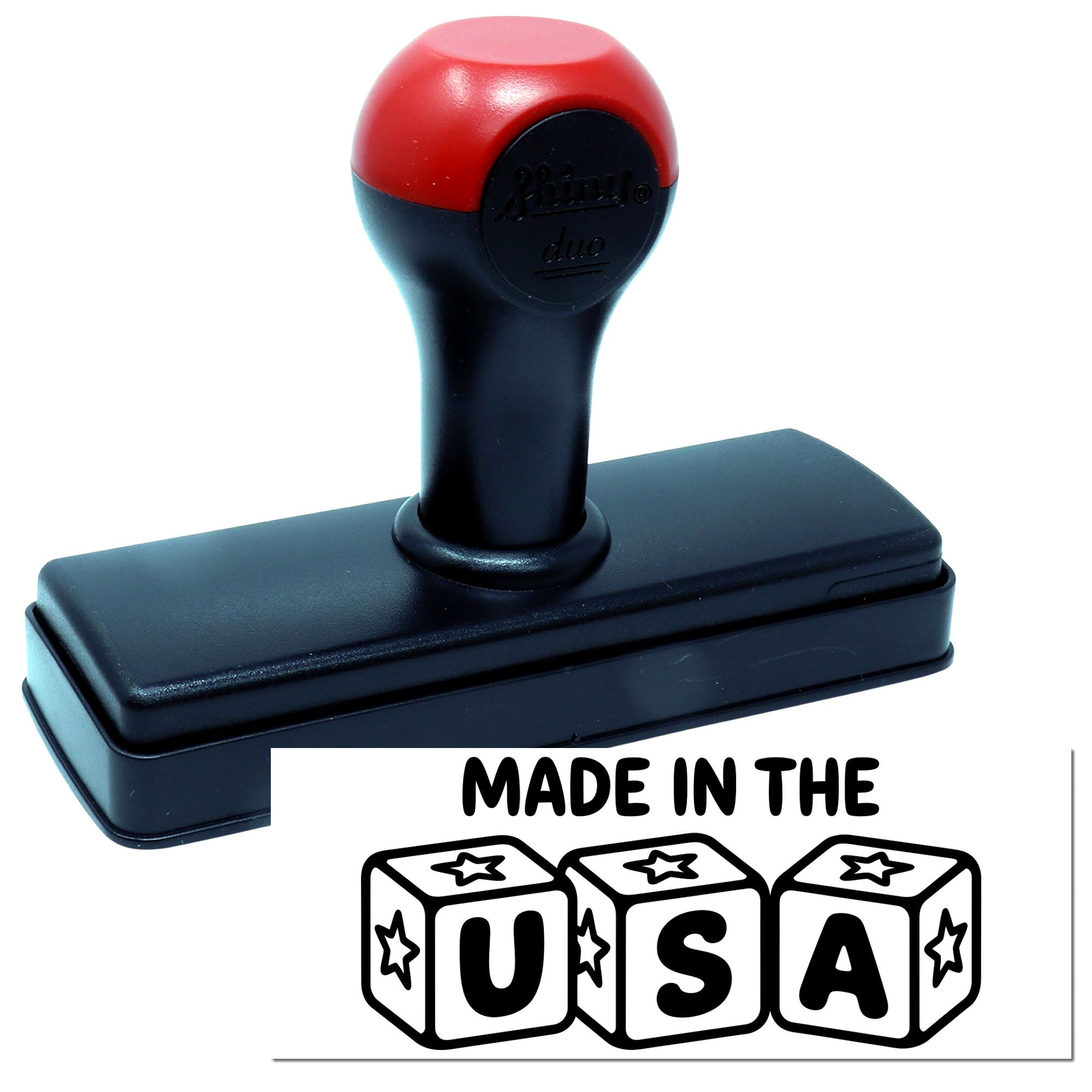 Red and black self-inking rubber stamp with rectangular base and Made in the USA seal graphic