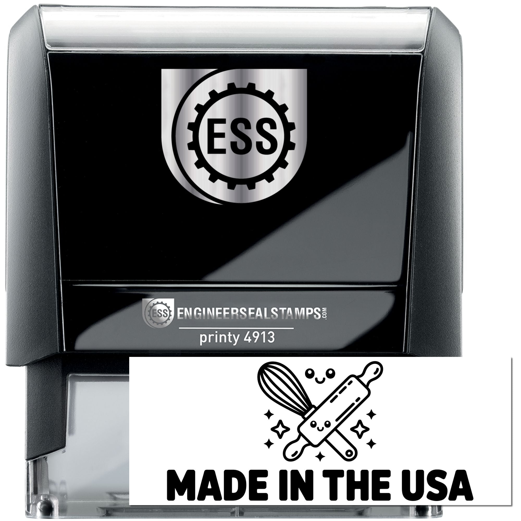 Black ESS self-inking engineer seal stamp with silver top and Made in the USA badge