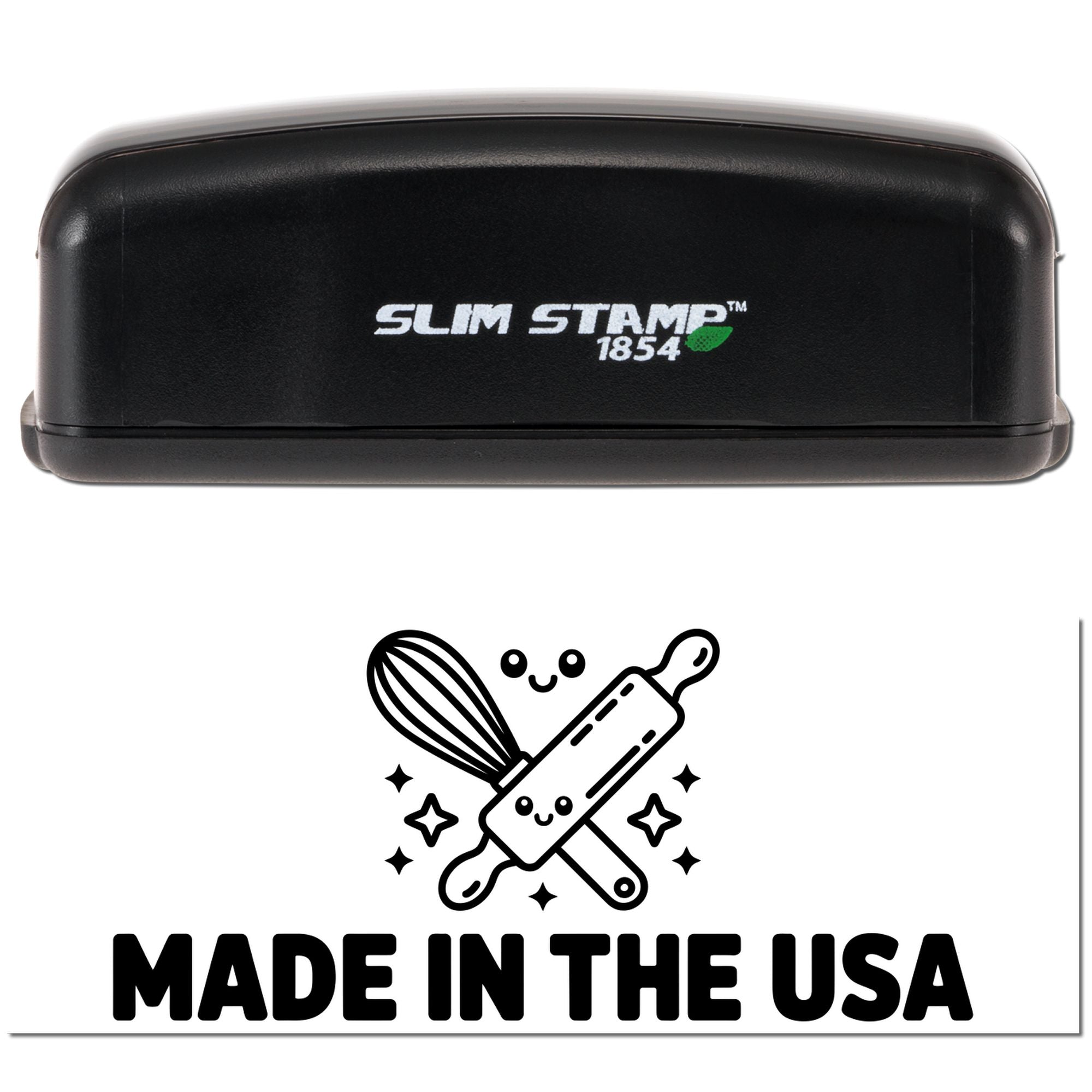 Black Slim Stamp 1854 self-inking stamp and Made in the USA seal graphic, with white text and green leaf accent.