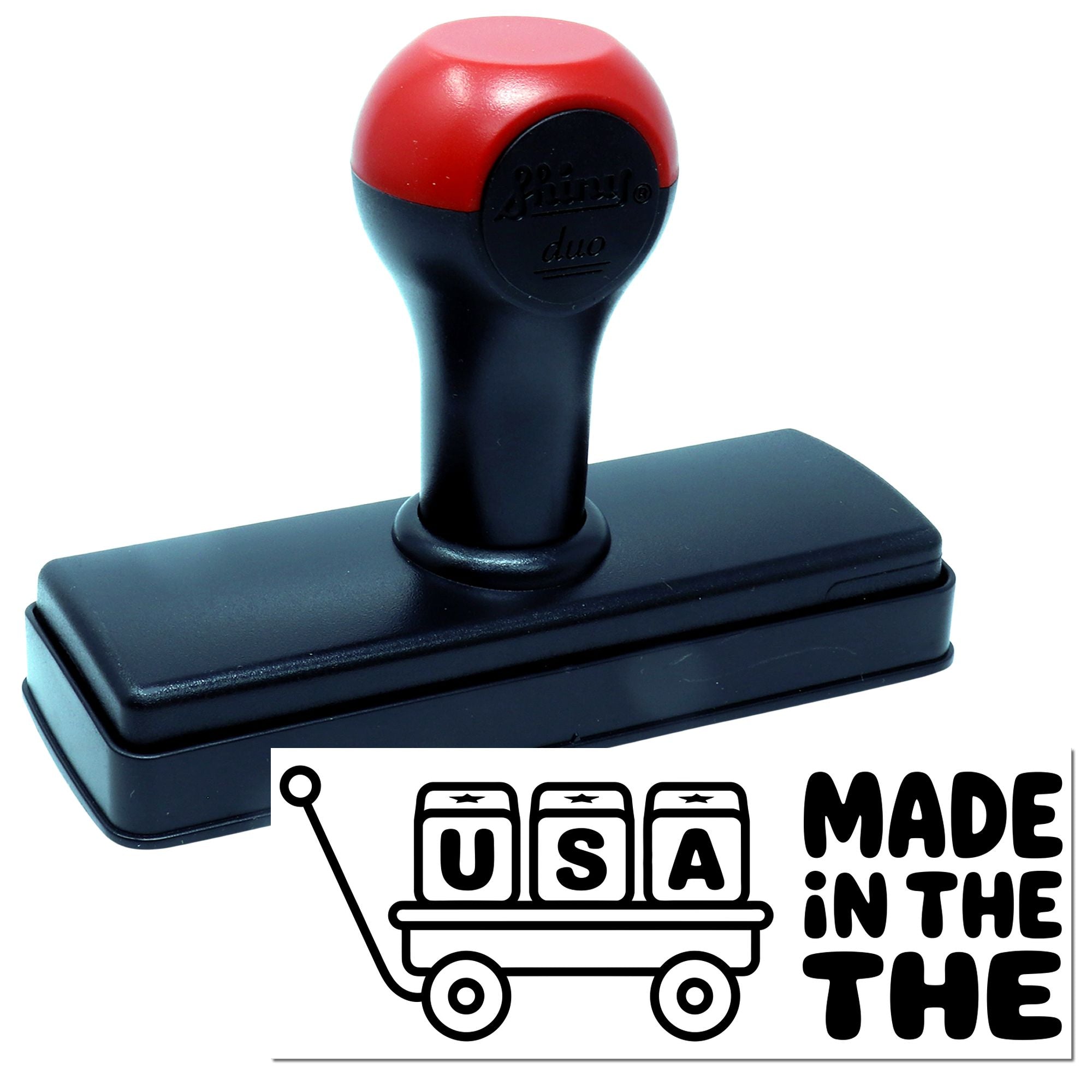 Red and black self-inking stamp and seal with rectangular base and USA-made branding on a white background.