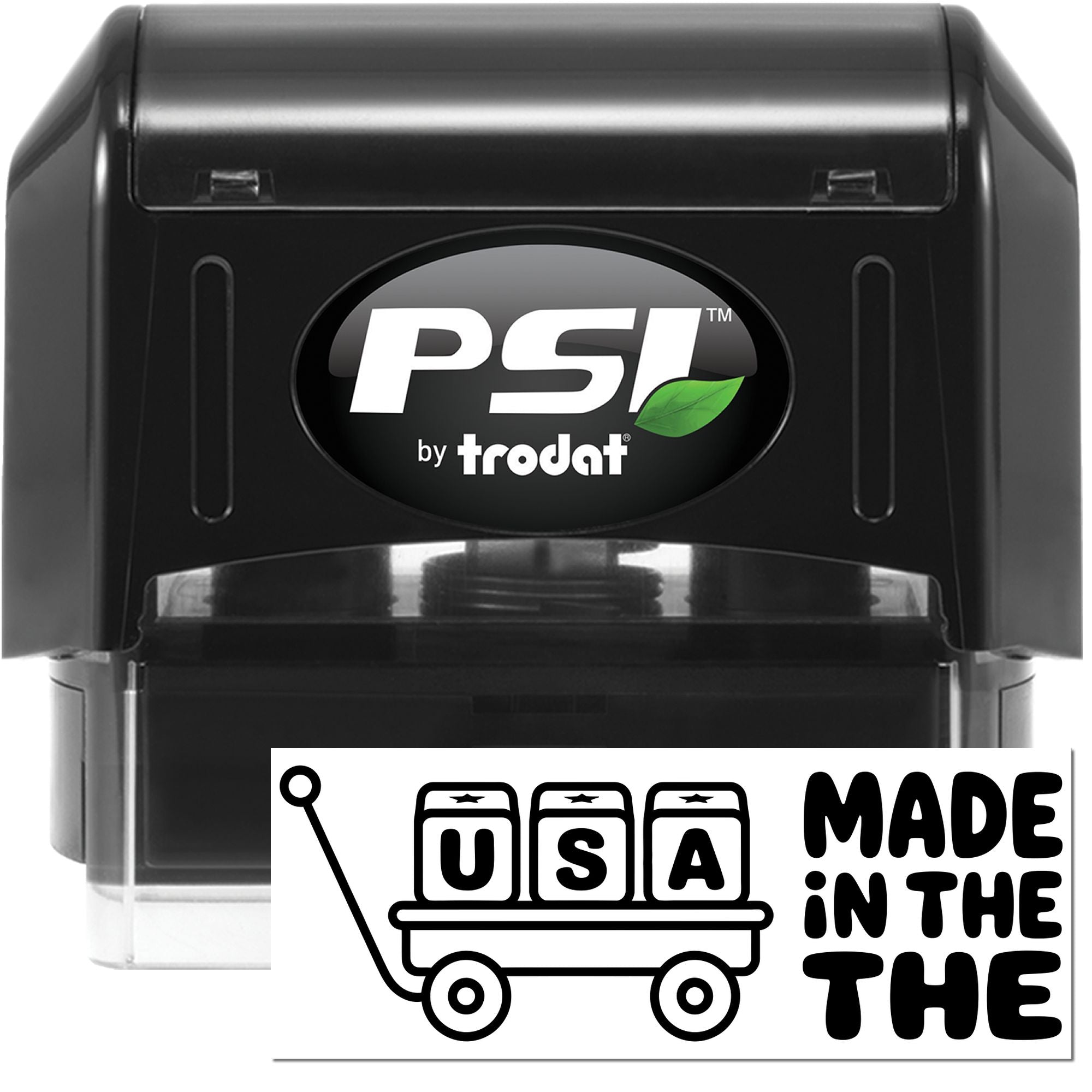 Black PSI by Trodat self-inking stamp and seal, black with green leaf logo and clear cover, plus Made in the USA label.