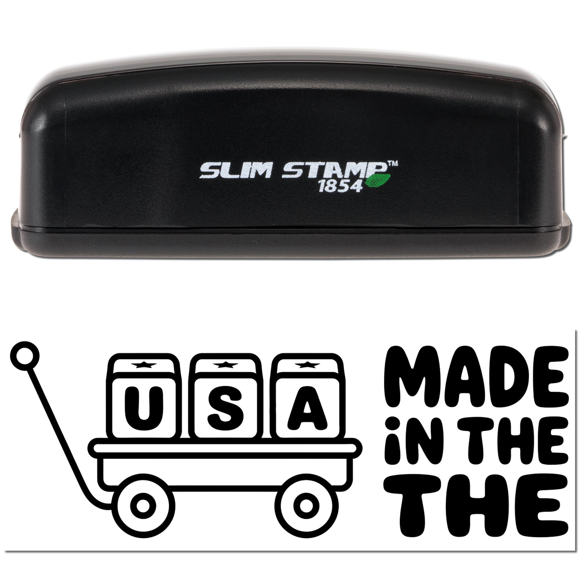 Black Slim Stamp 1854 self-inking stamp with USA wagon seal and bold Made in the USA text on white background.