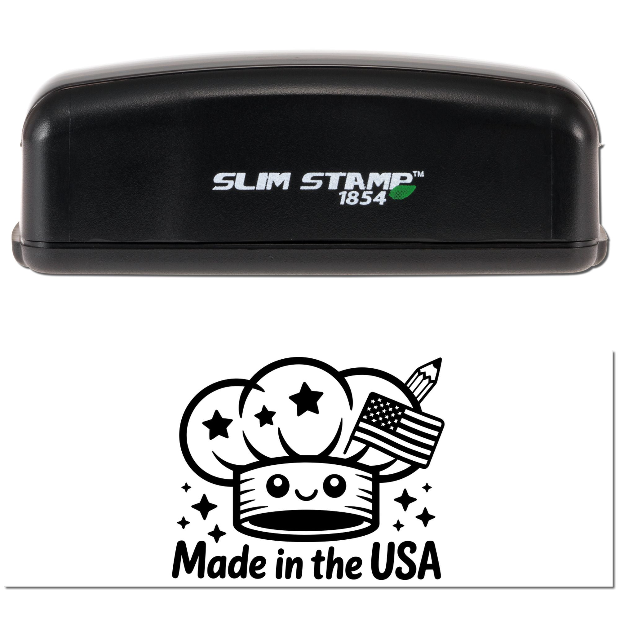 Black Slim Stamp 1854 self-inking stamp with Made in the USA seal, stars, pencil, and American flag graphic.