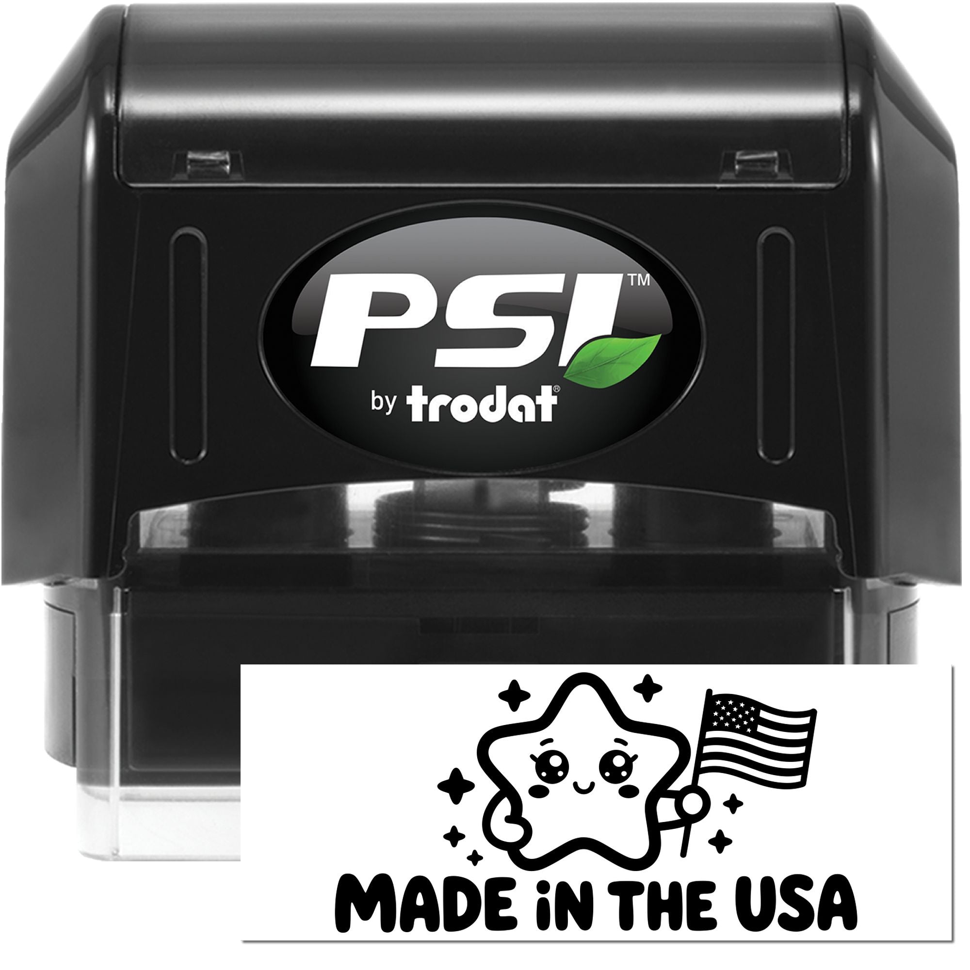Black PSI by Trodat self-inking stamp with clear window and Made in the USA seal graphic