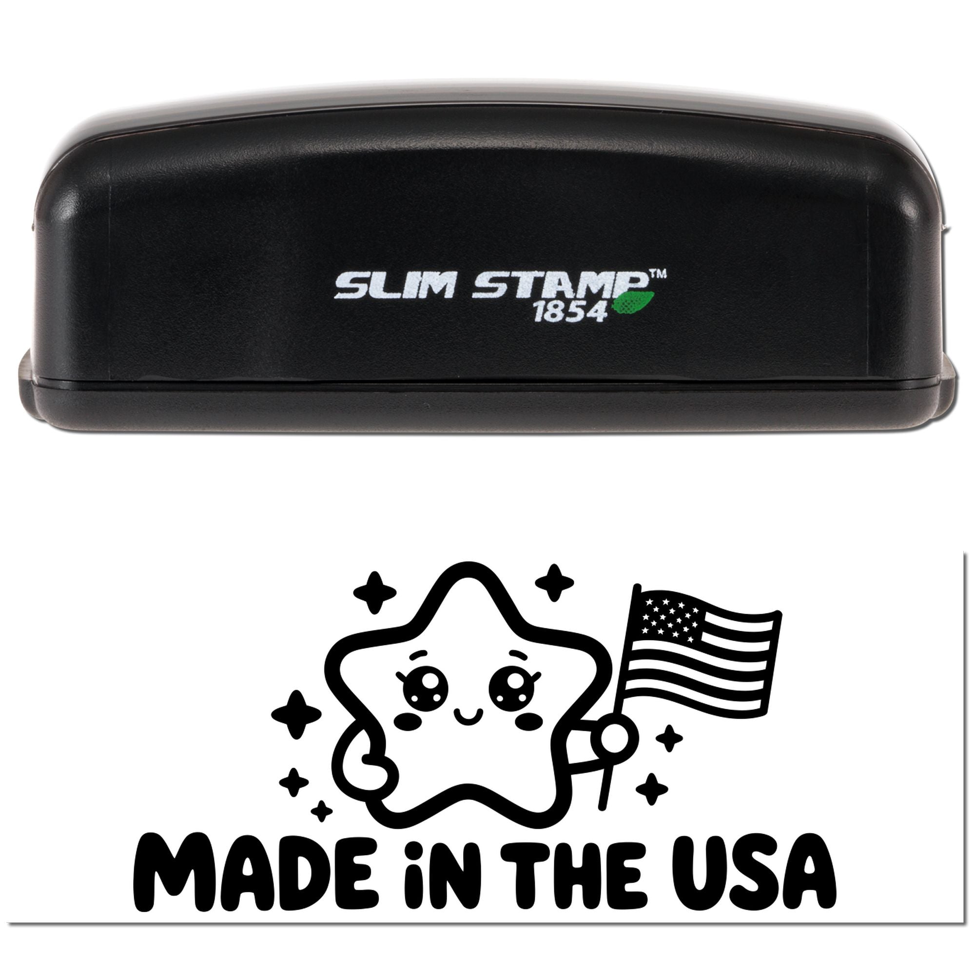Black Slim Stamp 1854 stamp and seal product with white Made in the USA design, star mascot, and American flag
