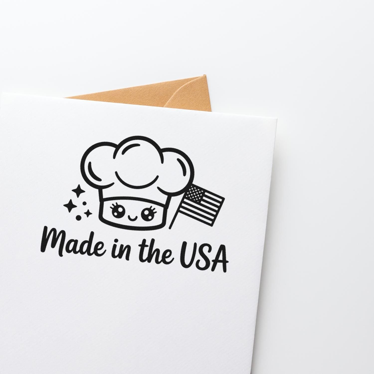 Black Made in the USA custom stamp and seal design with chef icon, U.S. flag, and tan envelope on white card