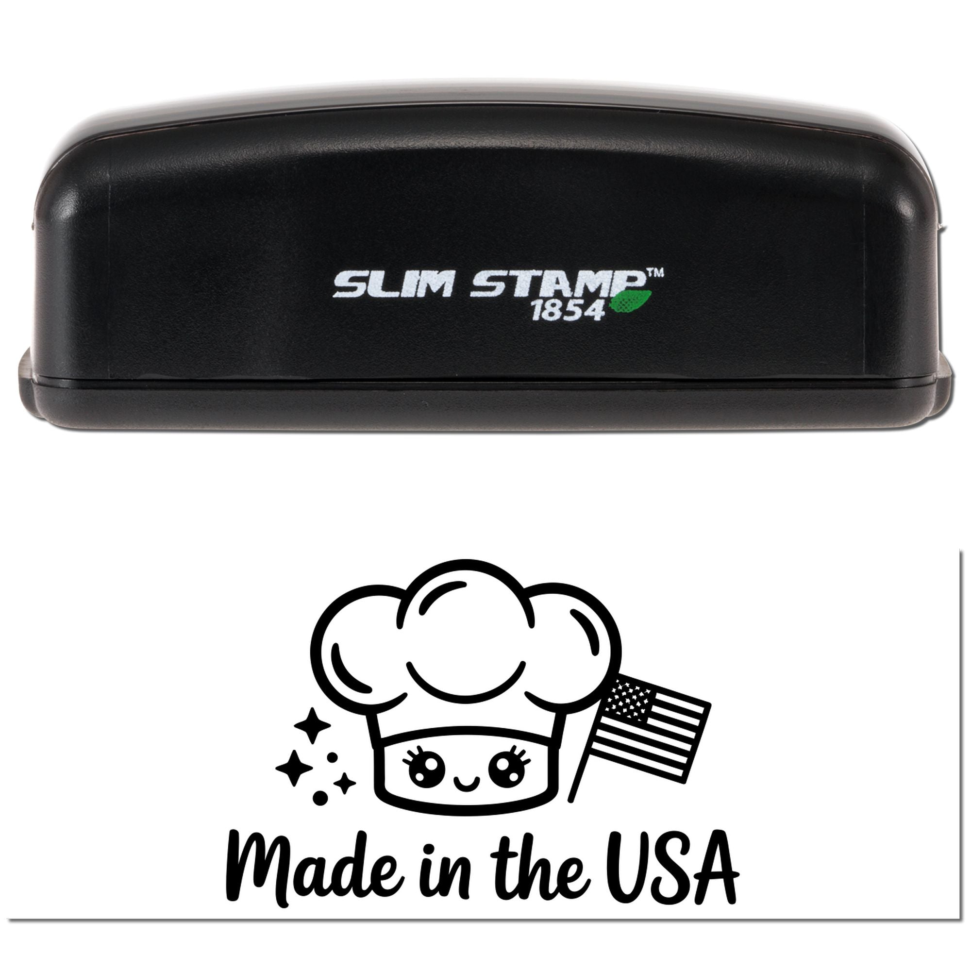 Black Slim Stamp 1854 self-inking stamp and Made in the USA seal with chef icon and American flag.