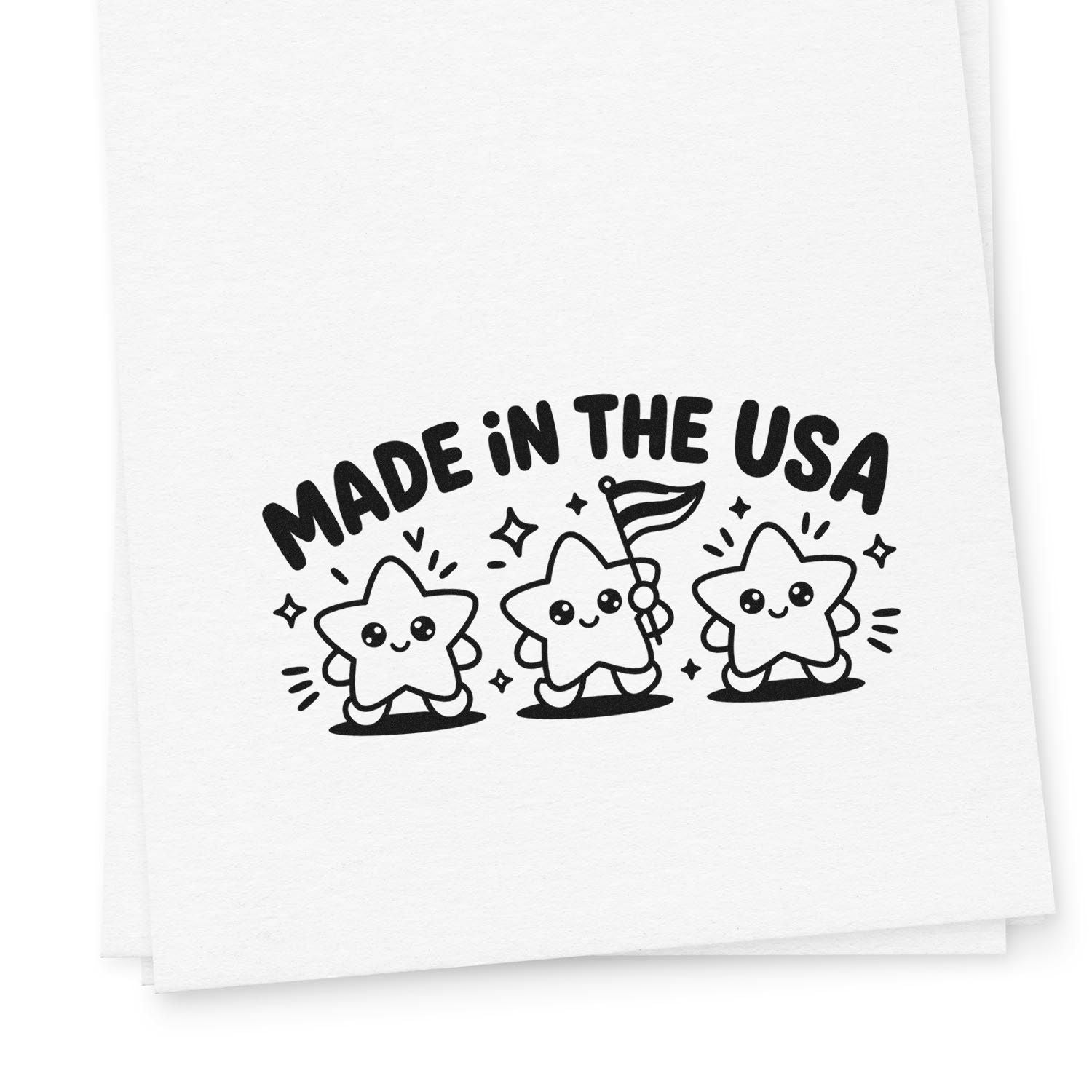Black Made in the USA stamp seal with cute stars and a flag on white paper